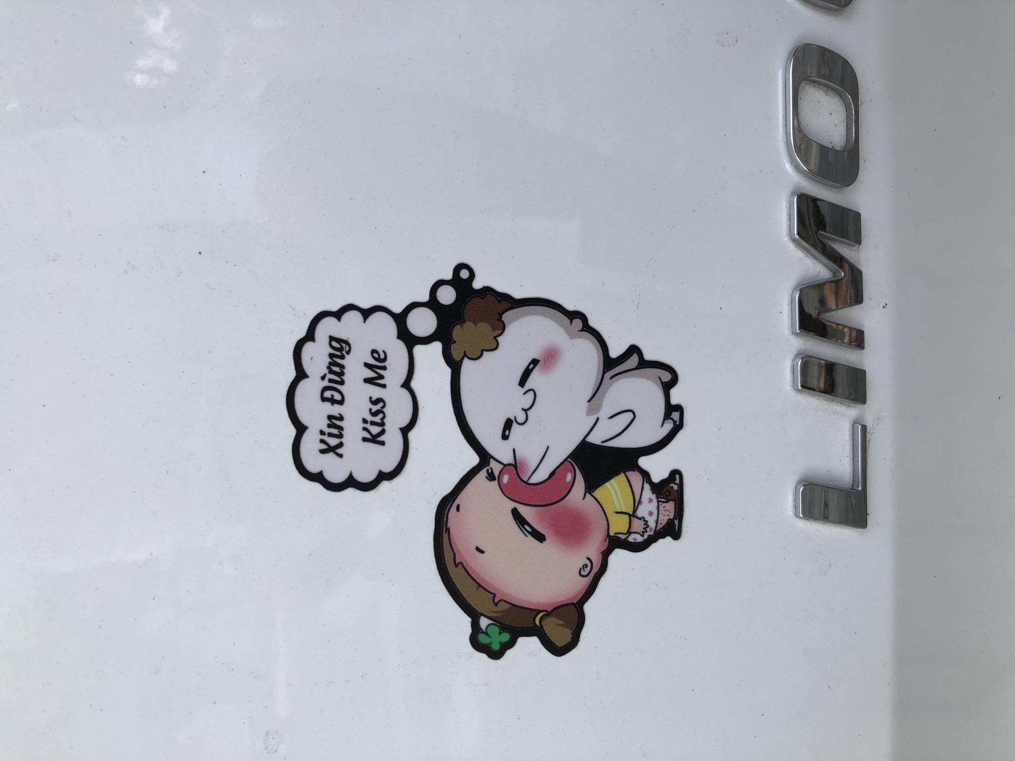 The image shows a sticker of two cartoon characters, one kissing the other, on a white surface. Above the characters, a speech bubble reads "Xin Đừng Kiss Me." Below the sticker, the word "LIMO" is visible in chrome lettering, suggesting the surface is likely part of a vehicle, possibly a limousine. The scene is captured in natural light, with reflections visible on the chrome lettering, indicating an outdoor setting. The specific location in Đà Nẵng, Vietnam, is not discernible from the image alone, but the presence of the Vietnamese text on the sticker suggests a connection to the region.