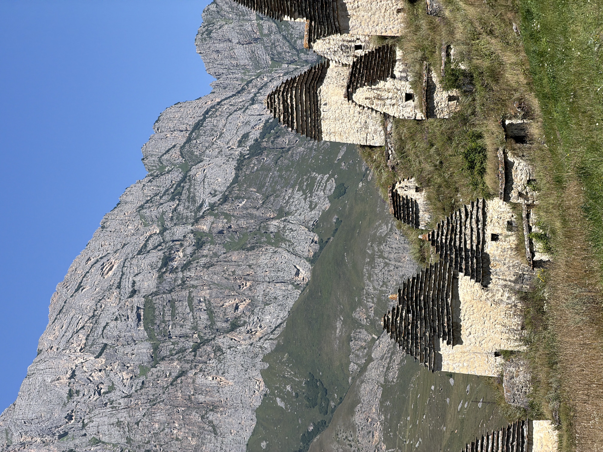 The image depicts a cluster of ancient stone crypts, known as the City of the Dead, located in Dargavs, Russia. These structures, characterized by their pyramidal stone roofs, are built on a hillside beneath a massive, rugged mountain range. The crypts vary in size and are constructed from light-colored stone, with visible small openings that appear to be windows or entrances. Some of the structures are partially covered in grass, suggesting age and natural integration with the environment. The surrounding landscape is characterized by dry, golden grasses in the foreground and green, grassy slopes leading up to the imposing mountains. The sky is clear and blue. There are no people or animals visible in the scene, and no discernible actions or interactions are occurring. The image captures a static, historical site in a natural mountainous setting.