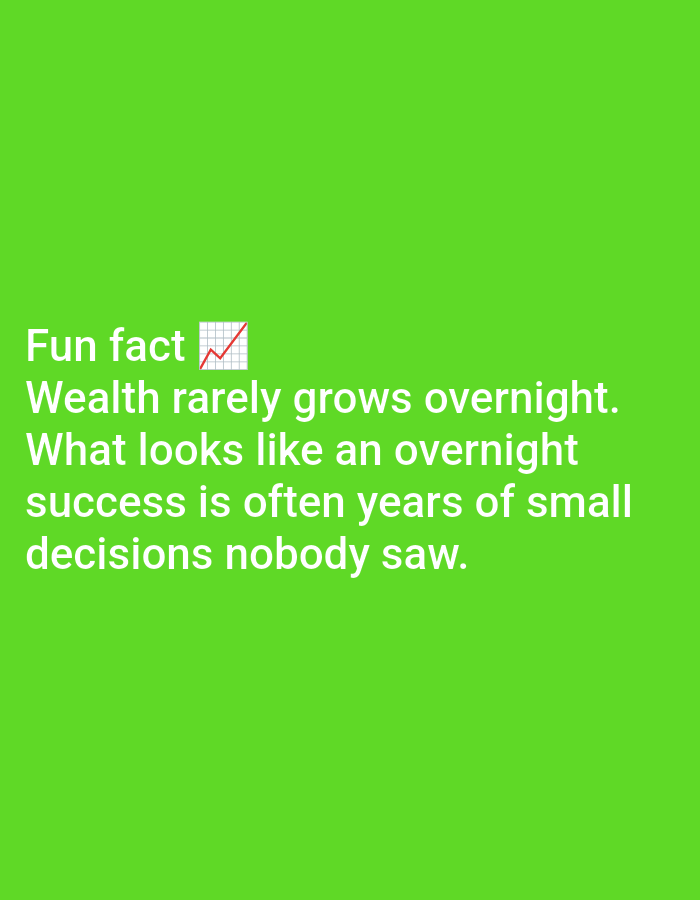 The image is a graphic with white text overlayed on a bright green background. The text reads "Fun fact ๐ Wealth rarely grows overnight. What looks like an overnight success is often years of small decisions nobody saw." There is no discernible location in the city of Lagos, Nigeria.