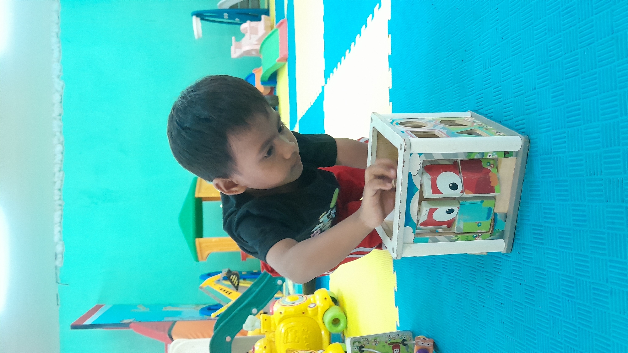 In Kasiman, Indonesia, a young boy is playing with a wooden shape sorter toy. He is crouched down on a blue and yellow padded floor, his black t-shirt and red shorts visible. The boy is focused on inserting a small piece into the cube-shaped toy, which has colorful owl images on its sides. In the background, a bright turquoise wall forms the backdrop, with various other children's toys and playground equipment visible, including a yellow toy train and a green slide. The environment suggests a children's play area or indoor playground.