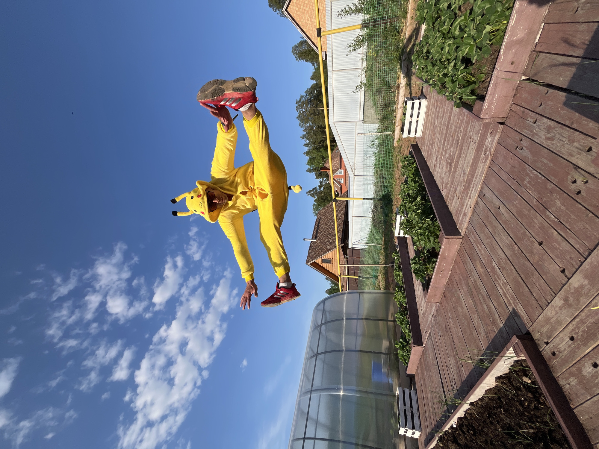 A person wearing a yellow Pikachu costume and red shoes is airborne against a bright blue sky with scattered white clouds. The person's body is angled diagonally, with one leg extended upwards and the other downwards.
The background includes elements of a residential area. A wooden deck with dark brown planks is visible in the foreground, with garden beds lining its sides. A small greenhouse with a rounded, translucent roof is also present. Houses with various roof types (including a brown tiled roof and a wooden facade) are seen in the middle distance, along with a fence.
The location is Chaikovsky, Russia, based on previous knowledge.