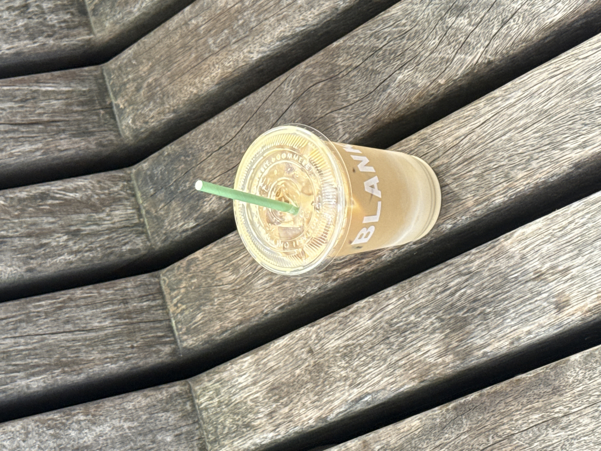 A high-angle medium shot shows a partially obscured plastic cup of iced coffee with a green straw, placed on a weathered wooden surface of a park bench. The cup's side has the lettering "BLAN" visible. The scene lacks any people or signs indicating a specific location, including in London, United Kingdom. The focus is on the iced coffee cup and the wooden texture of the bench.