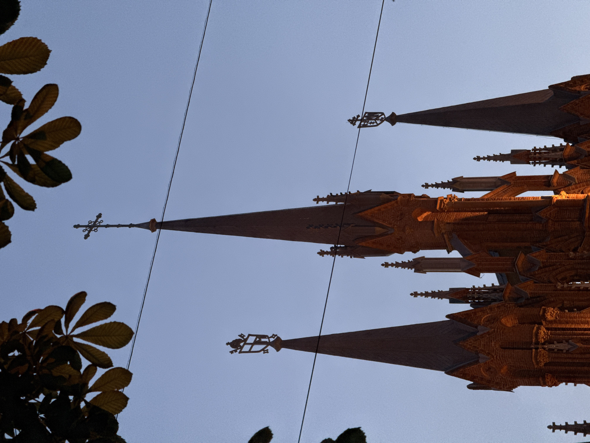 The image depicts a low-angle view of the architectural spires of a building against a pale blue sky. Three prominent spires are visible, each adorned with intricate detailing and topped with decorative finials. The structure appears to be constructed of brick or stone, with a warm, reddish-brown hue in some areas, likely due to sunlight. A tree branch with leaves is present in the bottom-left corner of the frame. Electrical wires bisect the sky, running diagonally across the image. The building's architecture suggests a religious structure, possibly a cathedral or church. The location is not identifiable from the image.