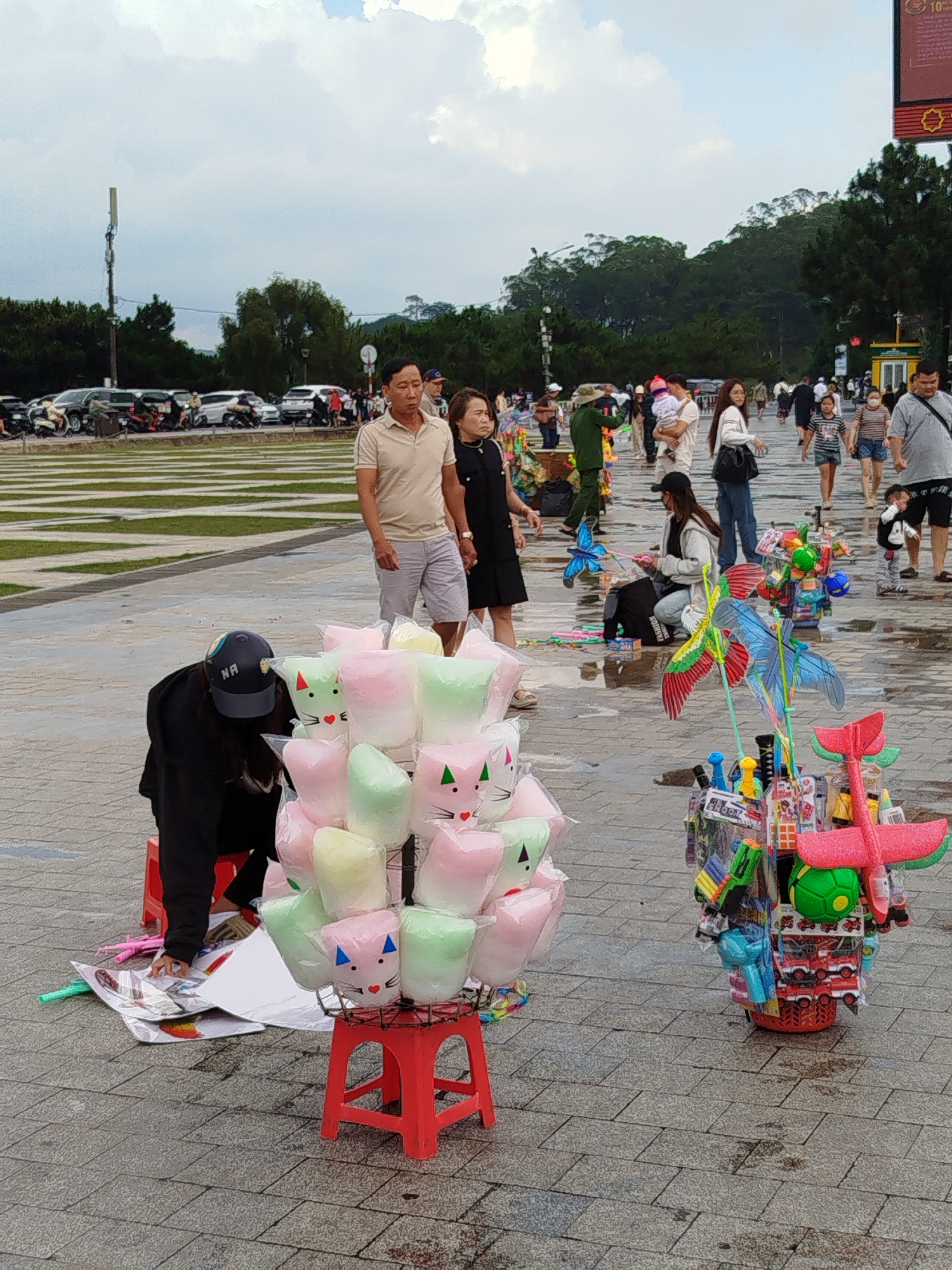 The photograph depicts a street scene in Da Lat, Vietnam, characterized by pedestrian traffic and vendor activity. The ground is paved with rectangular tiles. In the foreground, a vendor wearing a dark jacket and a baseball cap is seated on a red plastic stool, arranging merchandise on a large white sheet. Adjacent to her, a red stool supports a display of cotton candy, each unit packaged in clear plastic and decorated with an animal face. To the right, another vendor's wares are displayed on a basket-like stand, including toy airplanes, water guns, and other small toys.
In the midground, several people are walking along the paved area. A man wearing a light-colored polo shirt and shorts walks with a woman in a black dress. Farther behind, other pedestrians, including families with children, are seen strolling through the area.
In the background, a flat expanse of green space with parallel lines stretches towards parked vehicles and trees. A tall communications tower is visible in the distance. The sky is overcast with a layer of grey clouds.