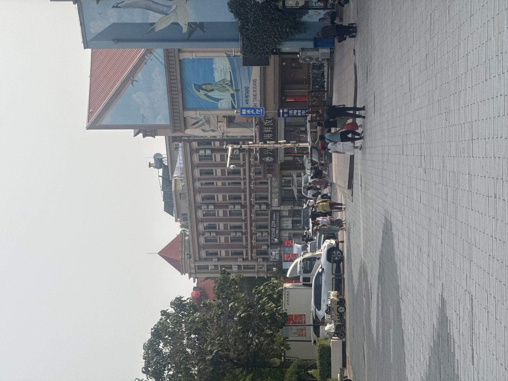 This is a street-level, eye-level, outdoor, full shot photograph taken during the daytime. The scene depicts a city street in Qinhuangdao, China, likely near the coast given the mural featuring seagulls and a person in a boat. The sky is overcast with a light haze.
On the left side of the image, a large tree with green foliage stands prominently. Several parked vehicles are visible on the street, including a white SUV, a white truck with a covered bed, and a smaller utility cart with a tarp. Further down the street, more cars are parked and some people are walking or standing.
The buildings lining the street display a mix of architectural styles. The most striking building on the right features a blue facade with a large mural of seagulls and a woman in a boat. Adjacent to it, a building with a red-tiled, gabled roof is partially visible, also adorned with what appears to be a sky mural. A taller, multi-story brick building with many windows and air conditioning units is situated behind these. Signs in Chinese and possibly Russian (e.g., "РУССКИЙ ДОМ") are visible on the storefronts.
Several individuals are walking on the sidewalk in the middle and right portions of the frame. They are dressed in casual, light-colored clothing. One person is pushing a stroller. The street is paved with gray interlocking pavers, and shadows are cast across the surface, indicating the sun is positioned somewhere to the right and behind the viewer. The overall impression is a lively urban street scene with commercial establishments and pedestrian activity.