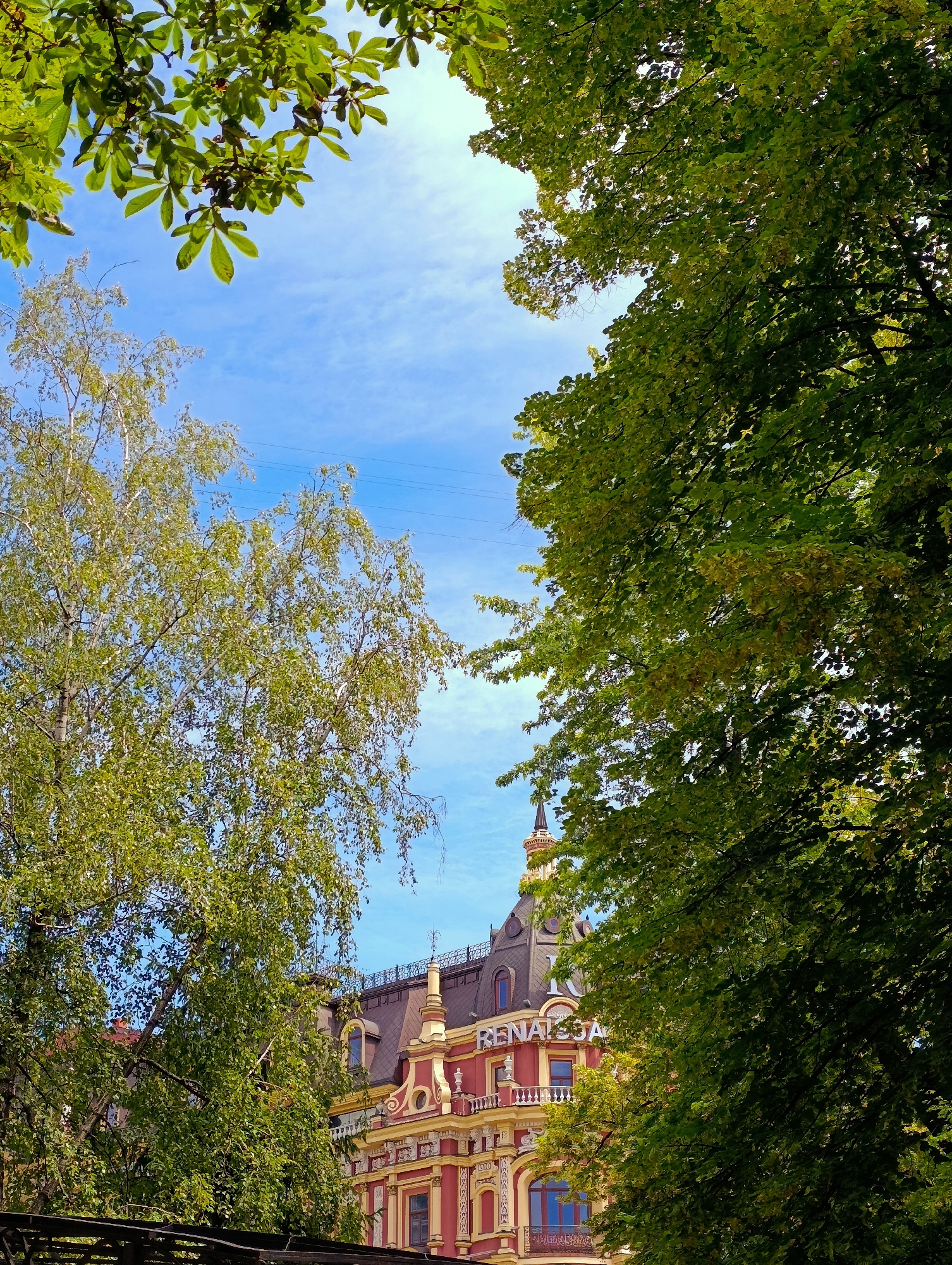 The image shows a view of a building in Kyiv, Ukraine, partially obscured by trees. The building has a red and yellow facade with ornate architectural details, including a mansard roof and a tower. The name "RENAISSANCE" is visible on the facade. The sky is blue with some wispy clouds. The trees in the foreground are lush and green, with some branches hanging over the building. The image appears to be taken on a sunny day.
