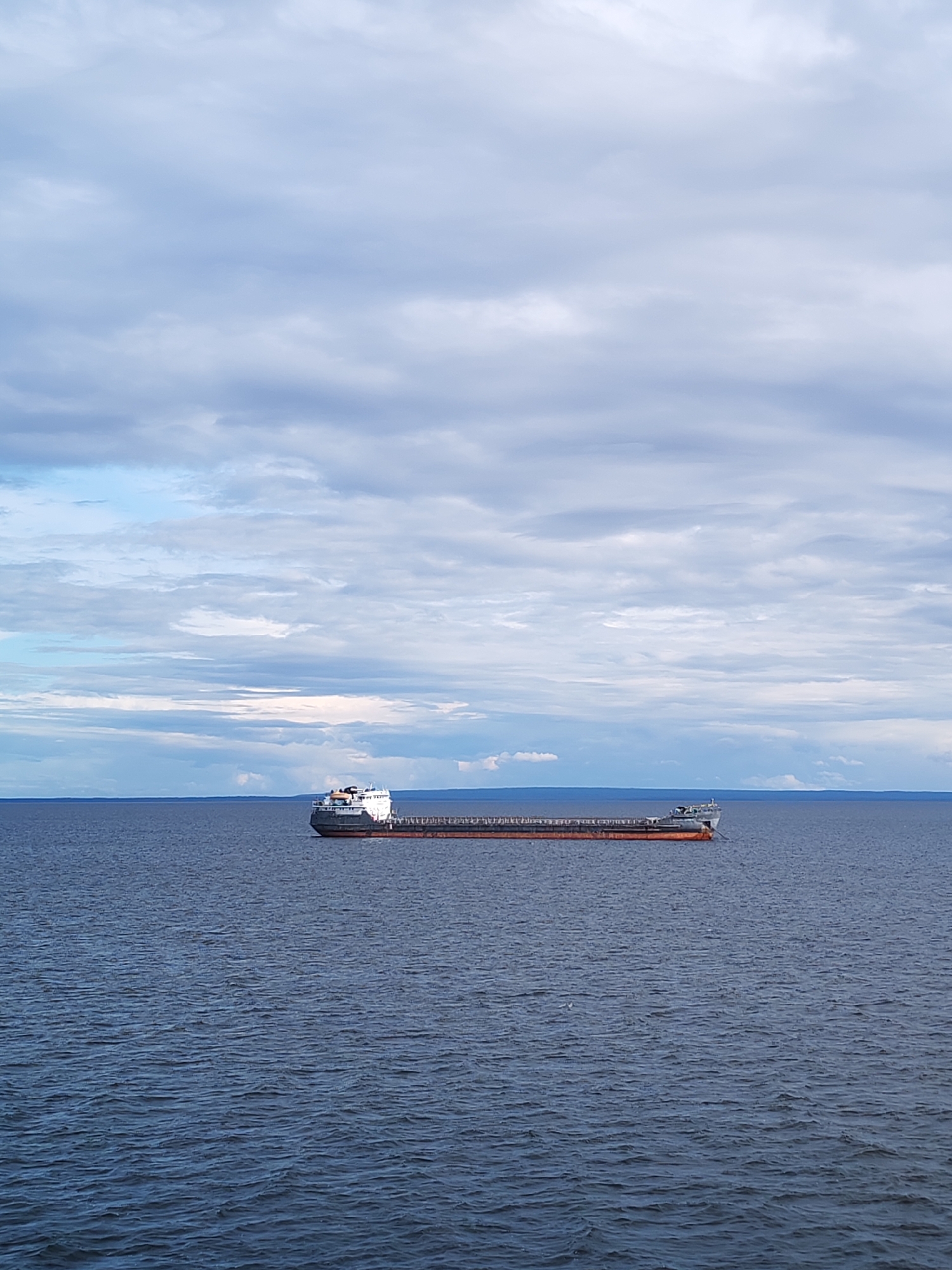 A cargo ship is sailing on a large body of water under a cloudy sky. The ship is long and appears to be carrying a load, with a white superstructure at the stern. The water is dark blue and slightly rippled, suggesting a calm but not completely still condition. The sky is filled with a variety of clouds, ranging from light grey to darker, more ominous shades, with some patches of lighter blue peeking through. The horizon line is distinct, separating the water from the sky. The scene conveys a sense of scale and vastness, with the ship appearing small against the expansive water and sky. The location is the city of Shcheleiki, Russia.