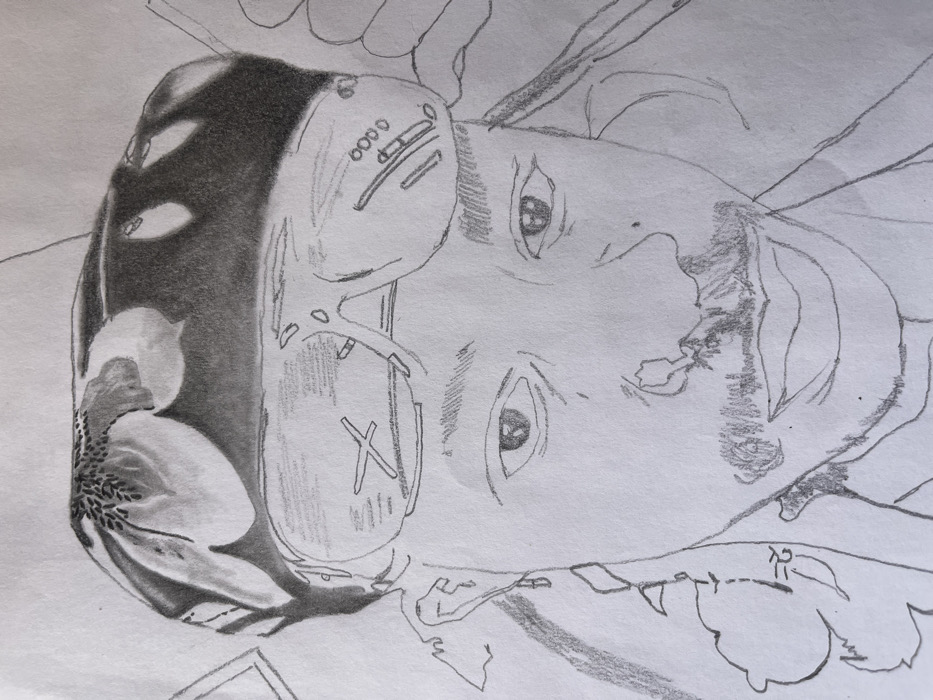 A pencil drawing on white paper presents a frontal close-up portrait of an individual, likely male. The subject wears a dark-patterned bandana or durag featuring a prominent floral design, possibly hibiscus, across the top. Reflective sunglasses, with an 'X' symbol visible on the left lens and circular motifs on the right, are pushed up and rest atop the bandana. The individual has an observable mustache and goatee. An earring, appearing as a small hoop, is visible on the subject's left ear. Indistinct linear embellishments, including diamond shapes, are depicted on the left side of the frame, near the left ear. The eyes are open and directed towards the viewer. The background of the drawing is featureless white paper. This artwork is situated in Jos, Nigeria.