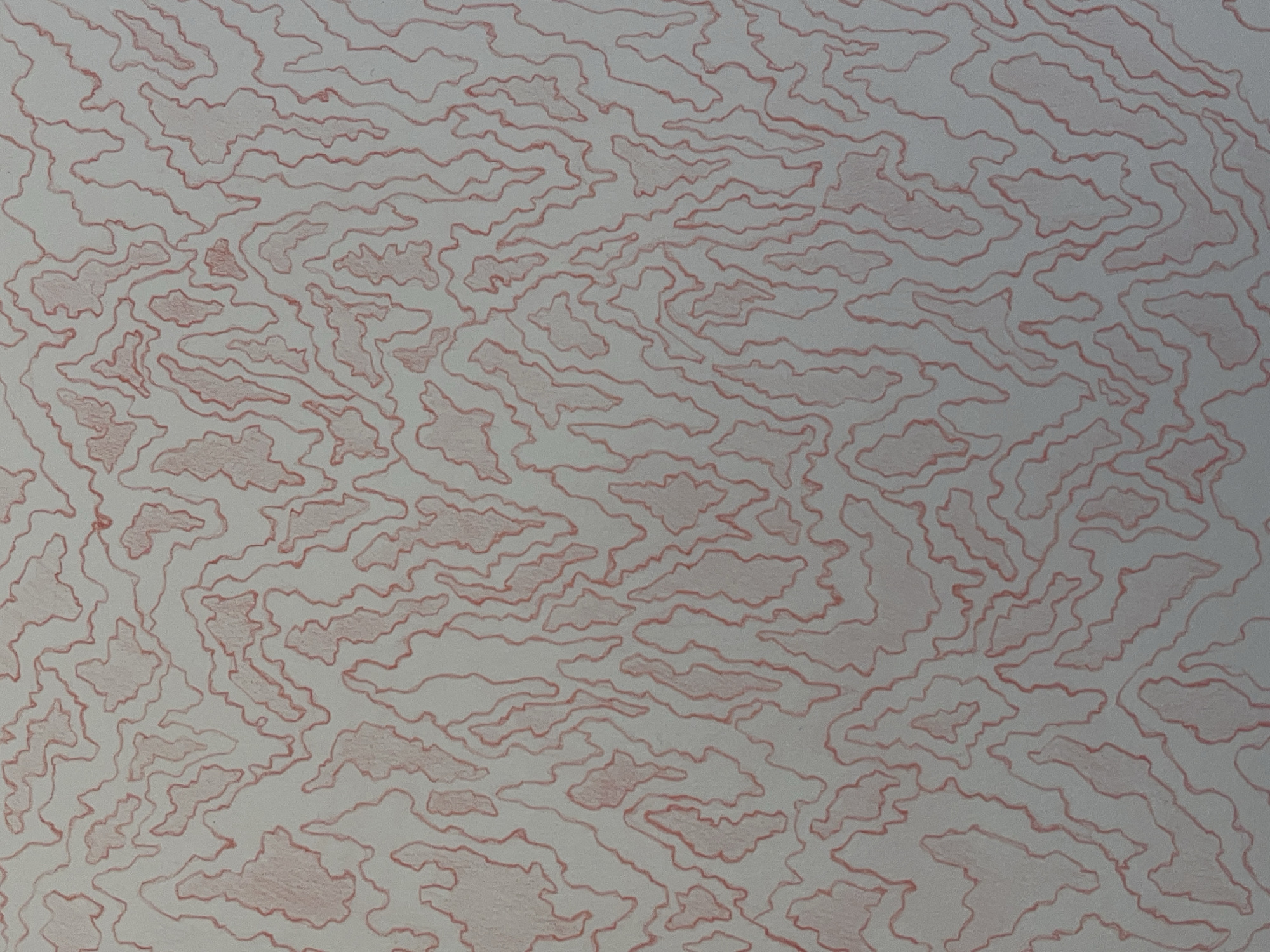 The image shows a repeating pattern of irregular, closed shapes drawn with a light red or pink pencil on a white or light gray background. The shapes vary in size and orientation, resembling abstract blobs or topographic contour lines. The pattern fills the entire frame, with no discernible subject, person, or object to analyze. The environment is a blank surface, assumed to be paper or a similar material. There is no discernible connection to the city of Krasnoyarsk, Russia.