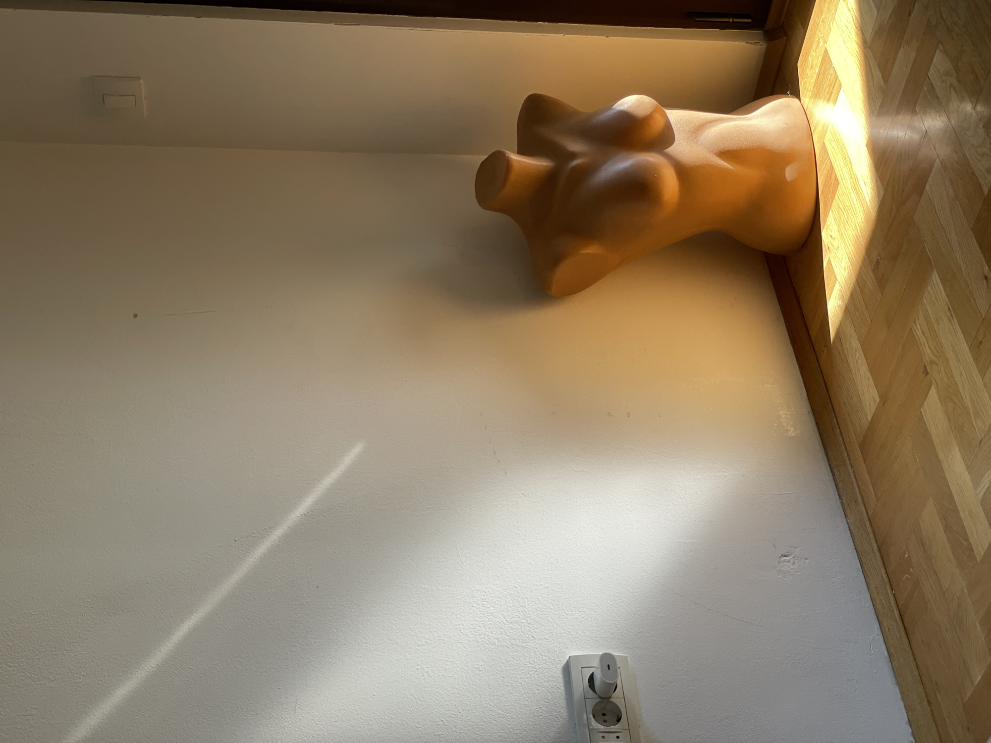In Boreti, Montenegro, a light orange female mannequin torso is positioned in the corner of a room. The torso is headless and leans against a white wall. Sunlight streams into the room, casting a diagonal shaft of light across the wall and the floor. The floor is made of polished hardwood laid in a herringbone pattern. To the left of the mannequin, on the wall, is a white electrical outlet with two sockets, one of which has a white adapter plugged in. Above the outlet, there is a light switch. The overall environment appears to be indoors, with a door frame visible to the right. The scene is lit by natural light, creating strong contrasts between light and shadow.