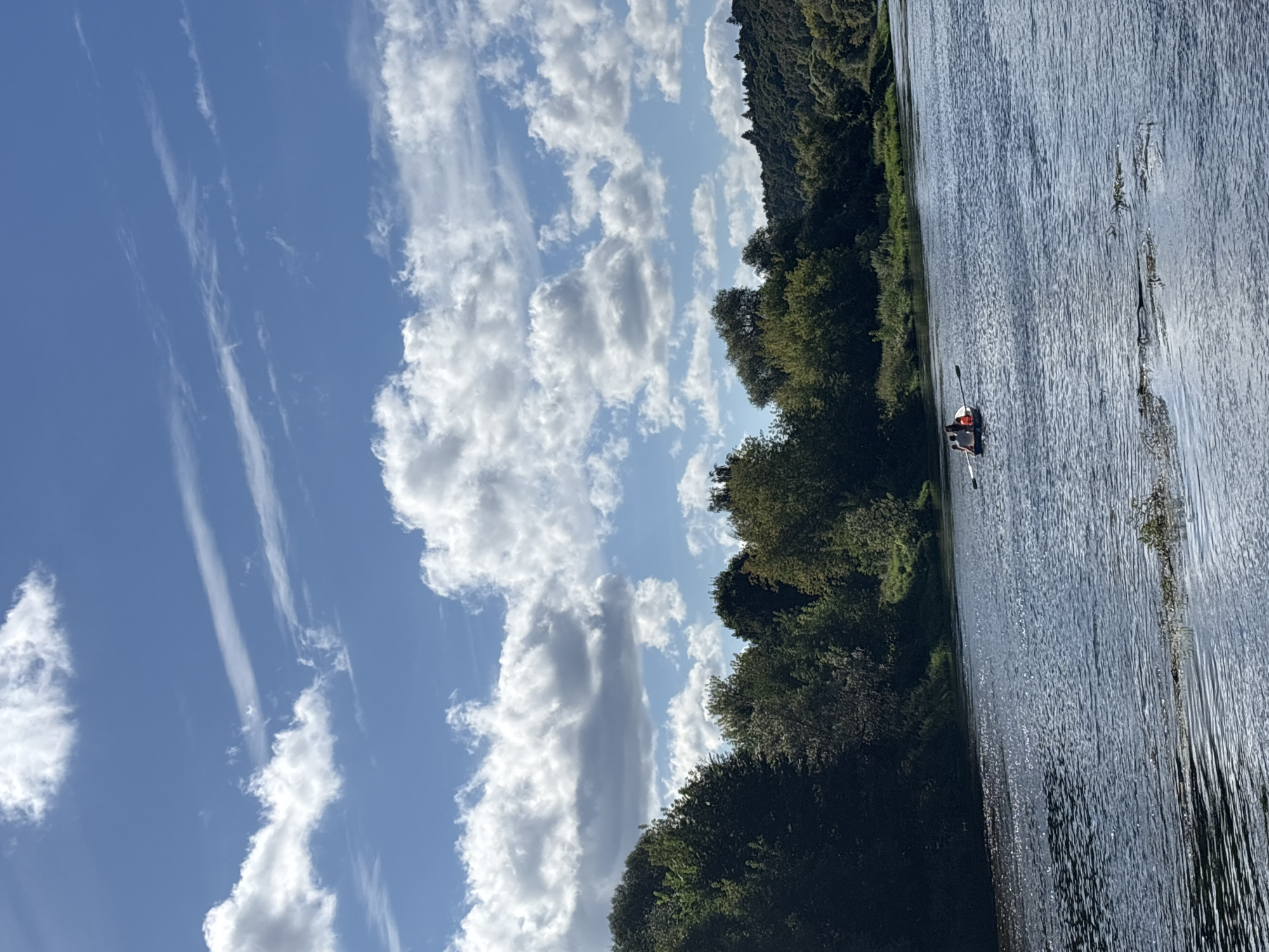 Two individuals are seated in a small white boat, paddling on a wide, calm river. The boat is positioned in the middle of the river, with the individuals facing forward and engaged in rowing. The riverbanks are lined with dense, lush green trees, forming a natural landscape. In the distance, rolling hills covered in trees can be seen. The sky above is a vibrant blue, dotted with fluffy white clouds and wispy cirrus clouds, suggesting a clear, pleasant day. The scene appears to be a serene outdoor recreational setting.