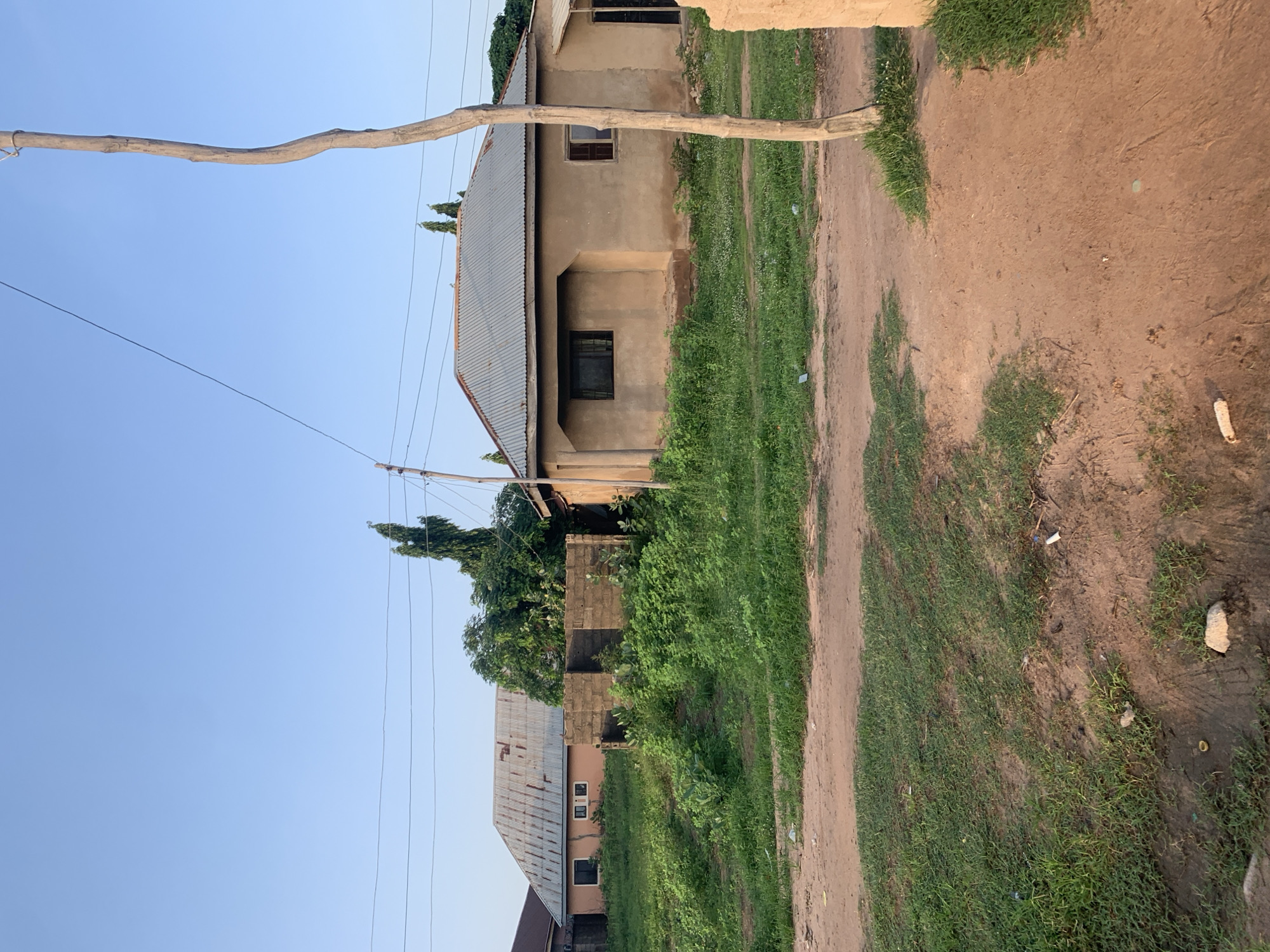 This image depicts a street scene in Jalingo, Nigeria, characterized by its unpaved, sandy road and partially built or aged residential structures. In the foreground, a dirt road with patches of green grass running alongside it dominates the lower portion of the frame. To the right of the road, a tall, rough-hewn wooden pole stands, likely serving as a utility pole, with electrical wires extending horizontally across the upper portion of the image.
Behind the road and pole, two distinct houses are visible. The house on the right is a single-story dwelling with a light brown, somewhat textured exterior and a corrugated metal roof. It has at least two visible windows, one larger and darker than the other. Adjacent to this house, towards the center of the image, is a partially constructed building made of concrete blocks, with open doorways and unfinished walls, suggesting ongoing construction or disrepair.
Further to the left, a second house is visible, featuring a more substantial structure with an orange-toned exterior and a similar corrugated metal roof, which appears aged and somewhat discolored. This house has multiple windows, some appearing to be glass panes. Dense green foliage, including trees and overgrown bushes, surrounds the houses and the construction site, indicating a natural or semi-wild environment encroaching on the built structures. The sky above is a clear, pale blue, suggesting it is either early morning or late afternoon. The overall impression is one of a developing or established residential area with a mix of completed and incomplete buildings, set within a rural or semi-urban landscape.