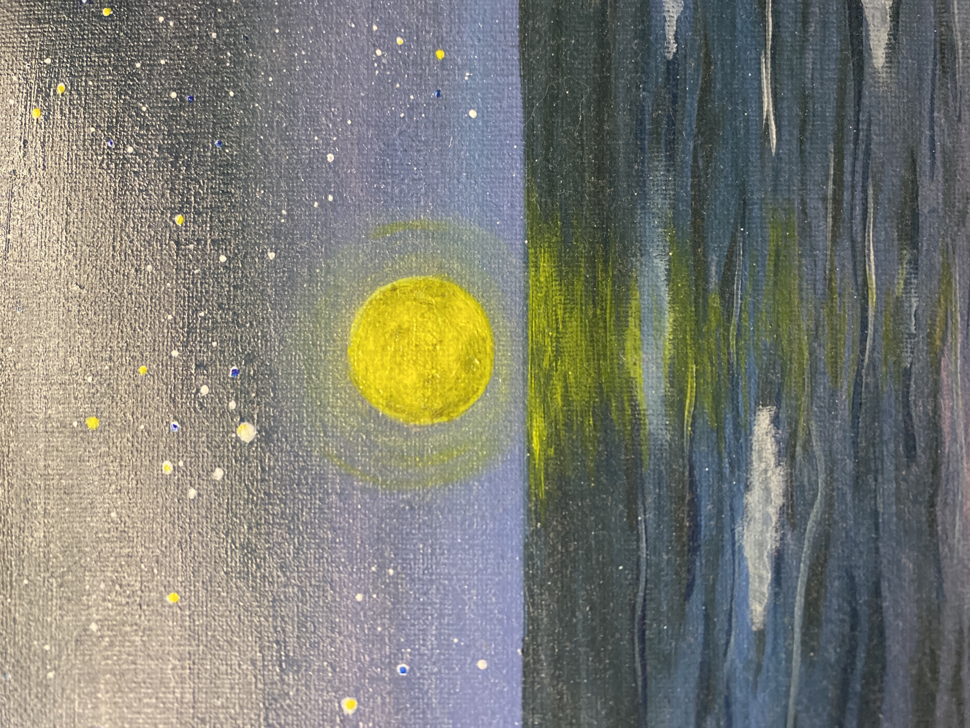 The image shows an abstract painting depicting a starry night sky on the left, with a bright yellow moon. The right side features vertical streaks of blue, grey, white, and hints of green and yellow, suggestive of water or reflective surfaces. The painting is not representative of a specific location, including Chaikovsky, Russia. There are no people, identifiable subjects, actions or interactions in the image.