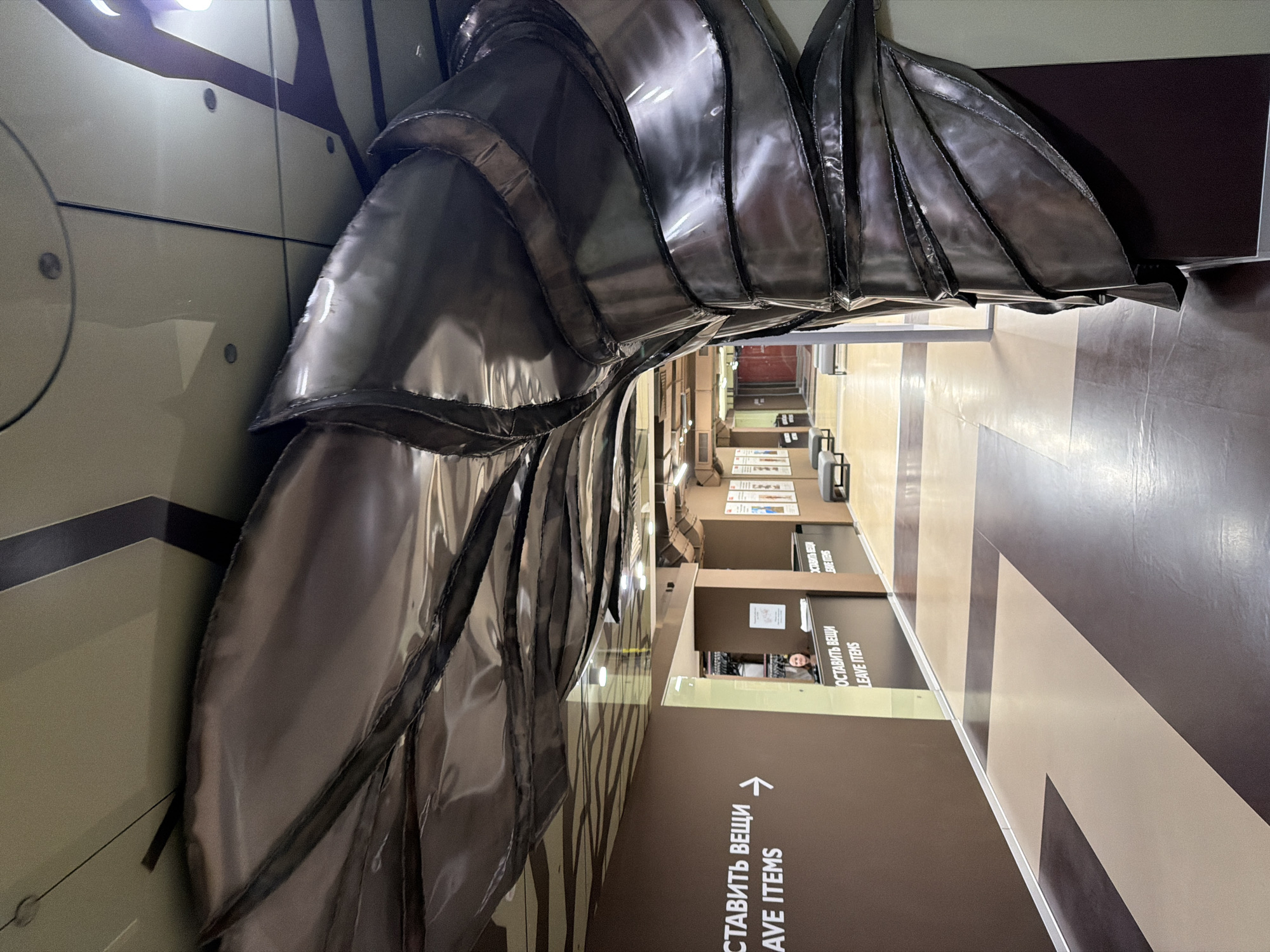 The image shows an interior view of a building in Saint Petersburg, Russia. The focal point is a sculptural installation made of overlapping, shiny, metallic elements resembling scales or leaves. The sculpture is positioned adjacent to a wall with a beige and brown color scheme and decorative elements.
Beyond the sculpture, the image captures a section of a corridor. There are signposts in both Russian and English directing people to "Leave Items". There's a reception desk where a person can be seen standing. The floor has a pattern of beige and brown triangles. The hallway leads into the distance with further signs and desks visible along the way.