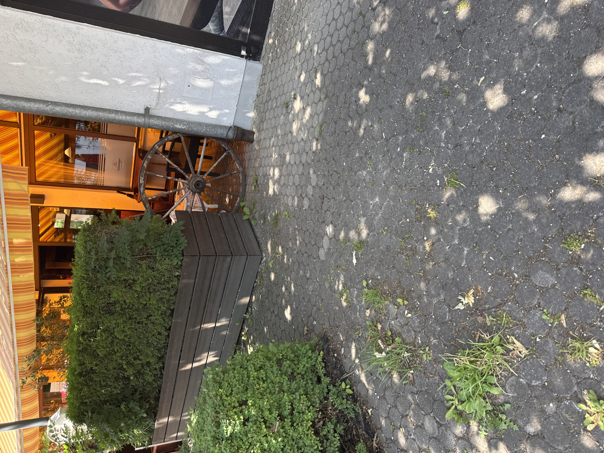 This image depicts an outdoor scene in Höhenkirchen-Siegertsbrunn, Germany, likely during the daytime given the strong shadows cast by trees on the paved ground. The setting appears to be an outdoor seating area, possibly for a restaurant or cafe, with a white-walled building on the left. An awning with yellow and orange stripes extends from the building.
A prominent object in the scene is an old, rustic wooden wagon wheel, positioned near the building. In front of the building, there is a large planter box with dense green foliage. The ground is paved with dark grey interlocking stones, and patches of grass and weeds are visible growing between them. The lighting suggests a sunny day.
There is no visible activity or people in the image. The overall mood is tranquil and perhaps a bit rustic due to the presence of the wagon wheel. A small, white sign with red lettering and what appears to be a logo is visible through a window in the building. Part of the text on the sign seems to be "Schweizer", a common word in German, often referring to something Swiss.