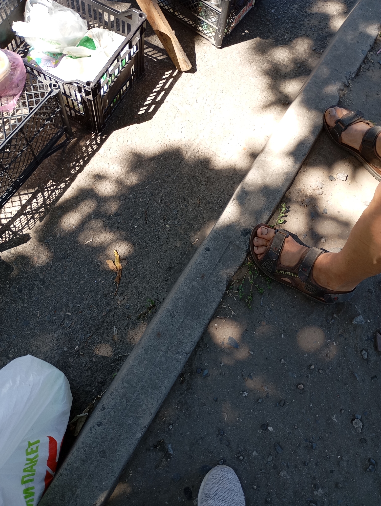 The image depicts an outdoor scene, likely on a street or sidewalk, with a distinct view of the ground and lower extremities of a person. In the foreground, a person's feet are visible, one wearing a brown sandal and the other partially visible, possibly also wearing a sandal or shoe. The ground is asphalt, with a concrete curb running diagonally across the frame. Shadows of trees are cast across the scene, indicating it is daytime and sunny.
In the middle ground and background, there are several black plastic crates, one containing white plastic bags and other items. A wooden plank rests against one of the crates. A small lizard is visible on the asphalt near the curb. To the left, a white plastic bag with green and red lettering is partially visible, with the visible text appearing to be "М ПАКЕТ" which translates to "M PACKAGE" in Ukrainian.
Based on the visible text on the plastic bag, the location is identified as Horishni Plavni, Ukraine. The scene appears to be a street-side market or a place where goods are being displayed or stored outdoors. The overall impression is one of a casual, everyday setting in a Ukrainian city.