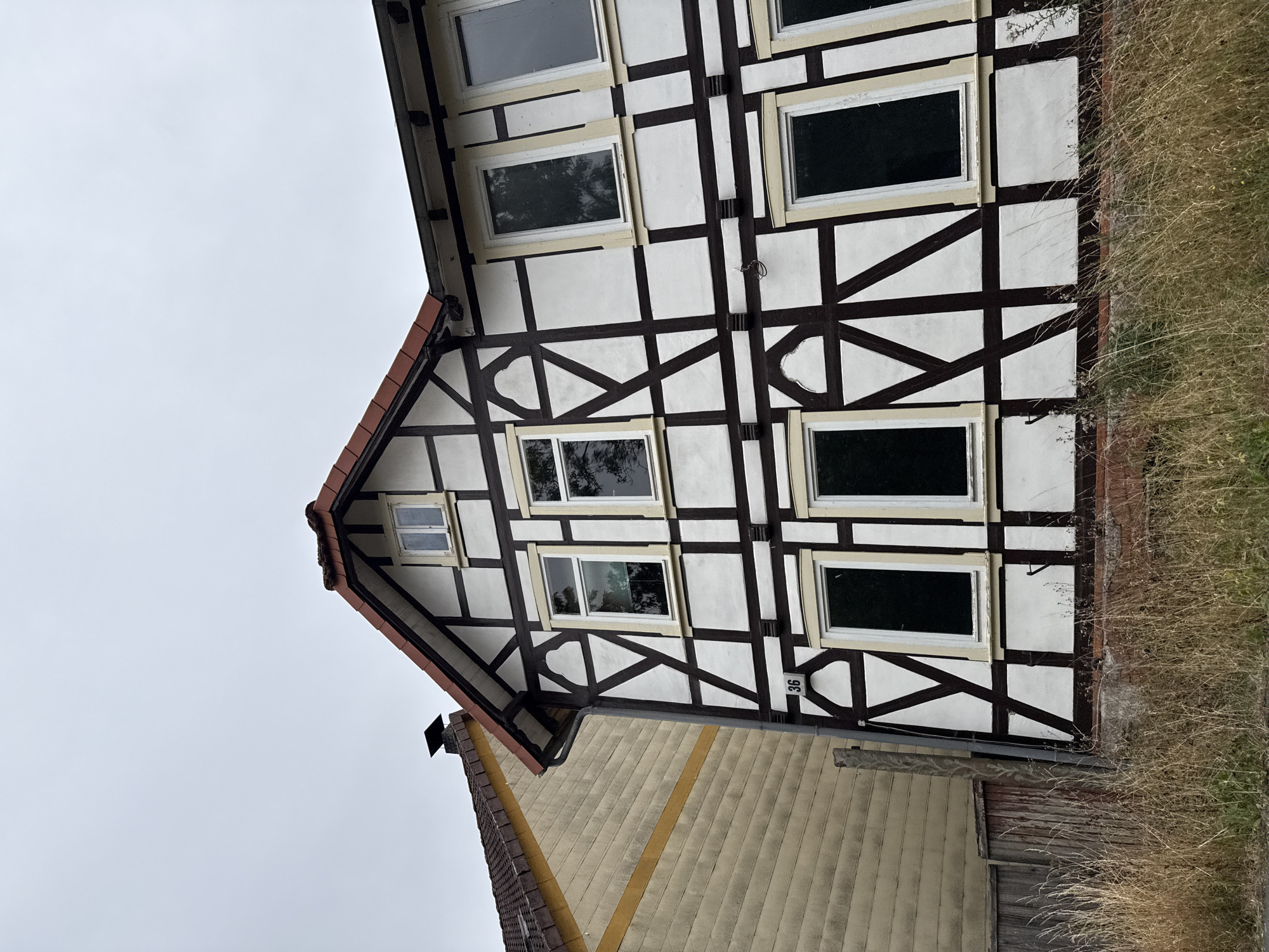 The image shows a traditional half-timbered building located in the town of Bad Sachsa, Germany. The building features a white facade with dark brown timber framing in a decorative pattern. Several windows, some reflecting the cloudy sky and surrounding trees, are visible on the facade. The roof is tiled in a reddish-brown color. To the left of the half-timbered house is another building with a yellow, horizontally-paneled exterior and a similarly colored roof. The foreground is dominated by tall, dry grass and some overgrown vegetation. A section of a wooden fence is visible to the left, partially obscured by the grass. The sky is overcast, suggesting a cloudy day. The scene appears to be an outdoor, urban or semi-urban environment.