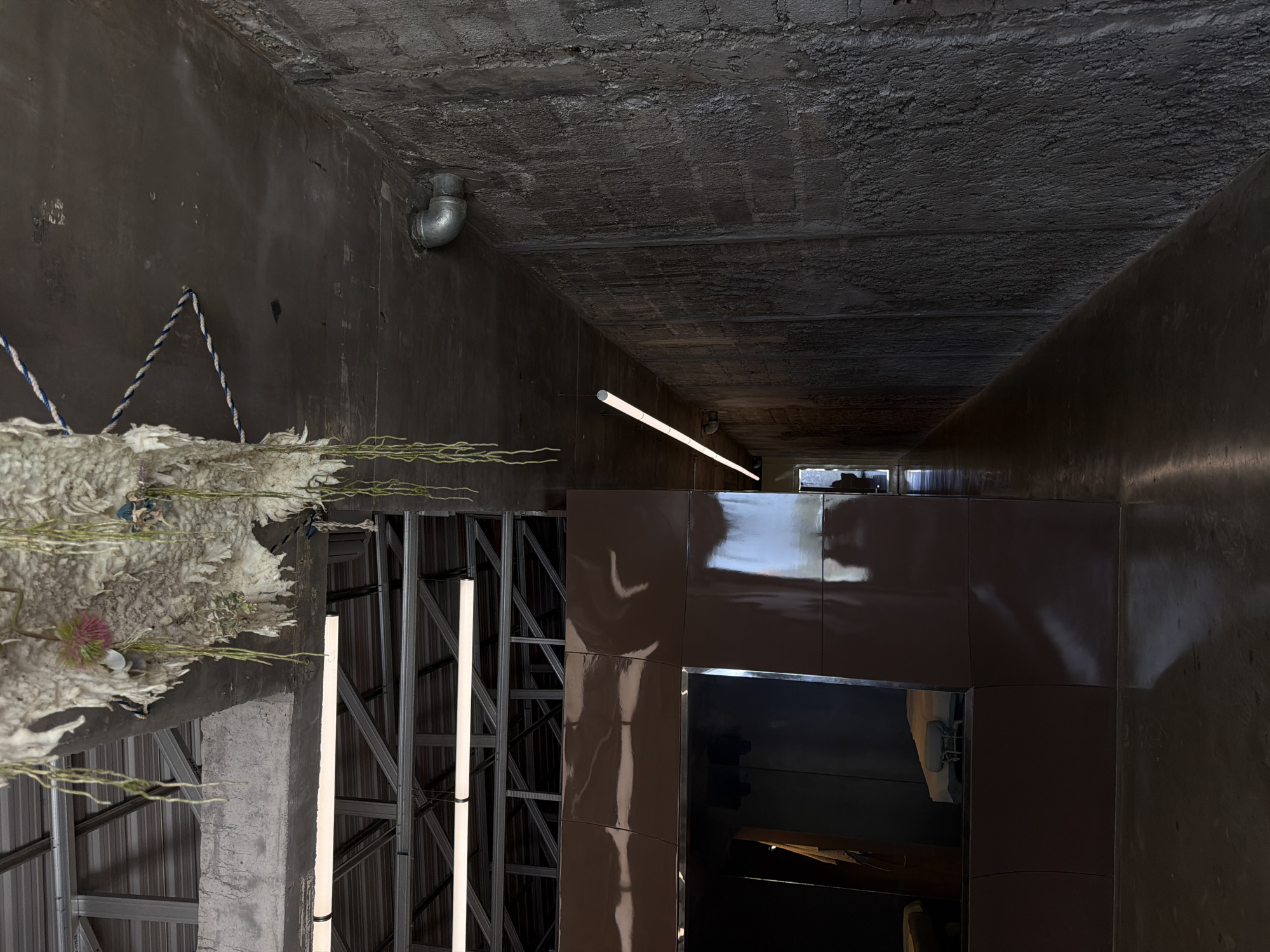 A scene indoors, with a raw, industrial aesthetic. The ceiling is exposed concrete, revealing its textured surface. A metal pipe is affixed to the upper left portion. Below, two linear fluorescent lights run in parallel, mounted on a metal framework. A brown, reflective surface appears to be paneling or cabinetry, showing distorted reflections of light and objects. At the lower edge, a dark opening or space is visible, possibly a window or doorway leading to the outside.
On the left, a decorative piece of white, fluffy material with hanging green strands is suspended. The room appears unfinished or in the process of renovation, with exposed structural elements. The scene is a constructed interior, lacking any human presence or interaction.