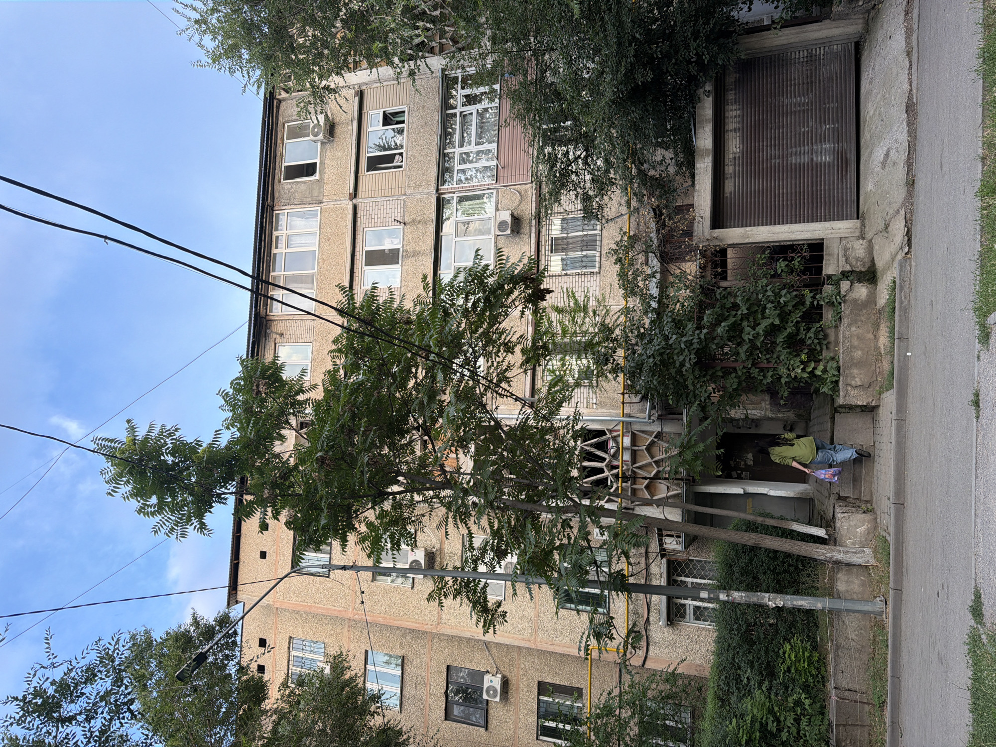 The image shows the exterior of a multi-story apartment building in Shymkent, Kazakhstan. The building's facade is made of concrete and brick, with several windows and air conditioning units visible. Trees and foliage surround the building, obscuring parts of it. Power lines run across the frame in the foreground.
In front of one of the ground-floor entrances, a person is sitting on the steps, holding a shopping bag. They are wearing a green long-sleeved shirt and blue jeans. The scene appears to be during the daytime, with a clear blue sky visible in the upper portion of the image. The overall impression is one of an ordinary urban residential setting. There is no visible text in the image.