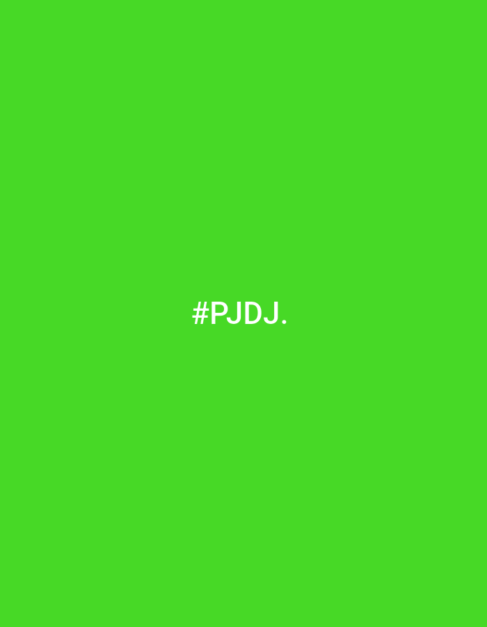 The image displays a minimalist digital graphic characterized by a vibrant, solid green background. Centered on this monochromatic field, the white sans-serif text "#PJDJ." is prominently featured. There are no discernible people, objects, or a specific scene depicted, nor is any activity taking place. The design is stark, focusing entirely on the interplay of the bright green hue and the crisp white text, which resembles a hashtag. No time of day, weather conditions, or emotional states are conveyed. Although the image itself lacks visual location cues, the provided context for this media file is Paris, France.