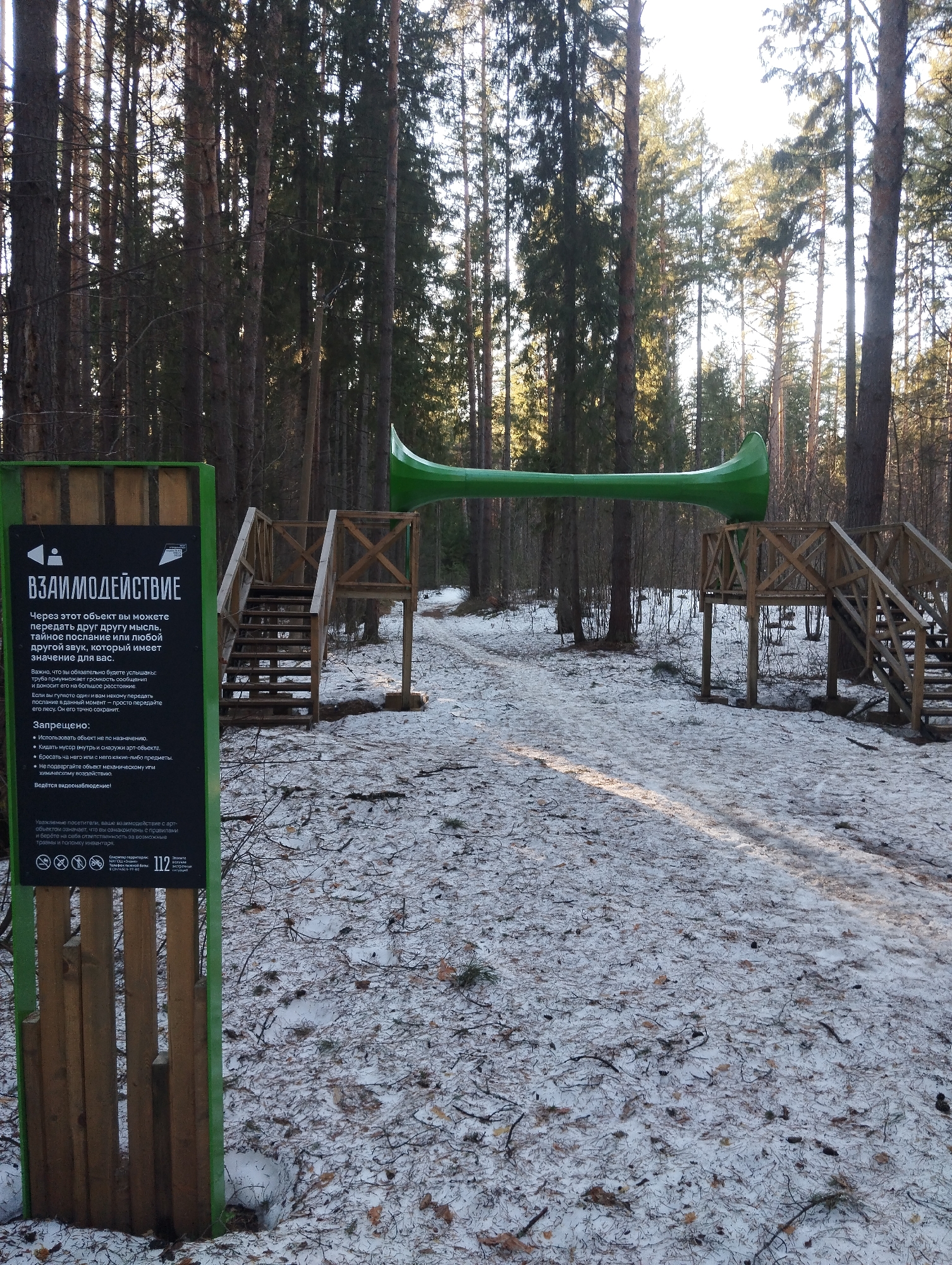 The image depicts an art installation in a wooded area, likely a park, in the city of Votkinsk, Russia. The installation features a green, pipe-like structure resembling an elongated trumpet or horn, suspended between two wooden platforms with staircases leading up to them. A sign in Russian provides instructions and rules for interacting with the art piece, emphasizing its purpose as a communication tool for conveying thoughts, messages, or sounds. The ground is partially covered in snow, indicating a cold season. Tall pine trees surround the installation, creating a forest-like setting.