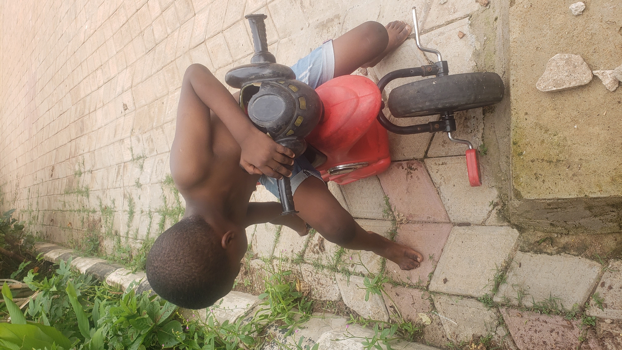 A young boy, shirtless and wearing denim shorts, is playing on a red and black plastic toy vehicle that resembles a scooter or a tricycle. He is positioned on the toy in an upside-down orientation, with his feet resting near the handlebars. The toy has a black steering column with handles, a red plastic body, and a single black wheel with a red pedal mechanism. The scene is set outdoors on a paved area made of interlocking hexagonal and square tiles. Lush green vegetation grows around the edges of the paved area, and a textured, light-colored wall forms the background. To the right of the paved area is a concrete structure with some scattered stones. The lighting suggests it is daytime, possibly late morning or early afternoon, with soft shadows. The overall impression is one of casual outdoor play in a residential or communal outdoor space in Sabon Tasha, Nigeria. There is no visible text in the image.
