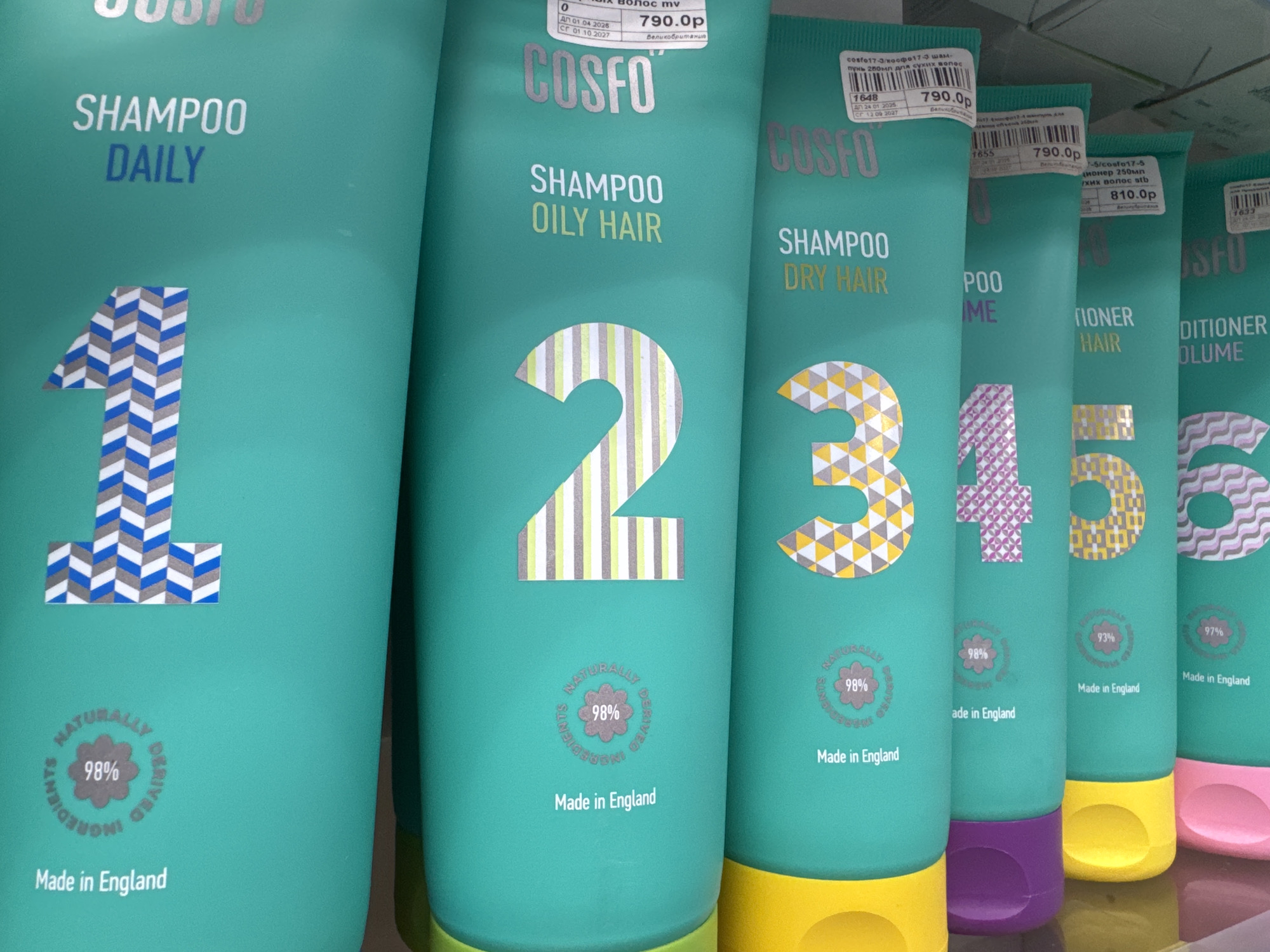 The image displays a close-up view of six uniformly designed product tubes, likely shampoo and conditioner, arranged on a shelf in what appears to be a retail setting in Pargolovo, Russia. No people are visible.
The tubes are primarily teal-colored with silver branding "COSFO" and product descriptions. Each tube features a large, patterned number from 1 to 6, with varying geometric designs filling the digits. The bottom of each tube is a distinct color: blue for number 1, yellow for 2 and 3, purple for 4, yellow for 5, and pink for 6.
Visible product descriptions include "SHAMPOO DAILY" (tube 1), "SHAMPOO OILY HAIR" (tube 2), and "SHAMPOO DRY HAIR" (tube 3). Further down the line, partial text indicates "SHAMPOO VOLUME" (for tube 4, though "POO ME" is visible) and "CONDITIONER VOLUME" (tube 6). A circular emblem on most tubes states "NATURALLY 98% DERIVED INGREDIENTS," with some showing 93% or 97%. All visible tubes are marked "Made in England."
Pricing labels, written in Cyrillic, are attached to the top of several tubes. Prices range from 790.0p to 810.0p (presumably Russian Rubles). The labels also specify the country of origin as "Великобритания" (Great Britain), confirm product types like "шампунь 280мл для сухих волос" (shampoo 280ml for dry hair), and show expiration dates, such as "ДЛ 01.04.2026." The static display suggests the image captures products on sale in a store during daytime hours.