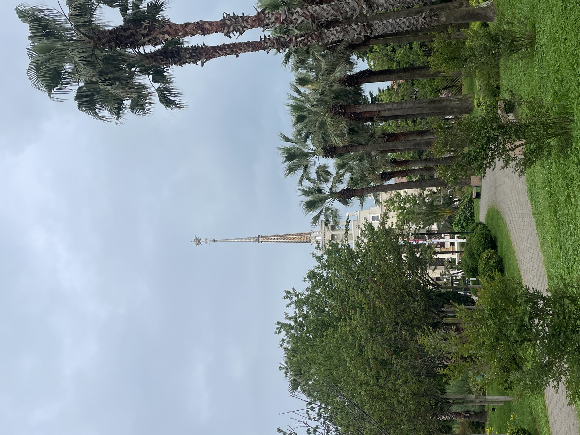 The image captures a scene in the city of Sochi, Russia, showcasing a tall spire structure topped with a star, which appears to be a landmark in the area. The foreground features lush greenery, including various trees and bushes, with palm trees lining the upper portion of the image. A pathway is visible to the right, suggesting a park or public space. The sky is overcast, creating a soft, diffused light throughout the scene. There are no people visible in the photograph.