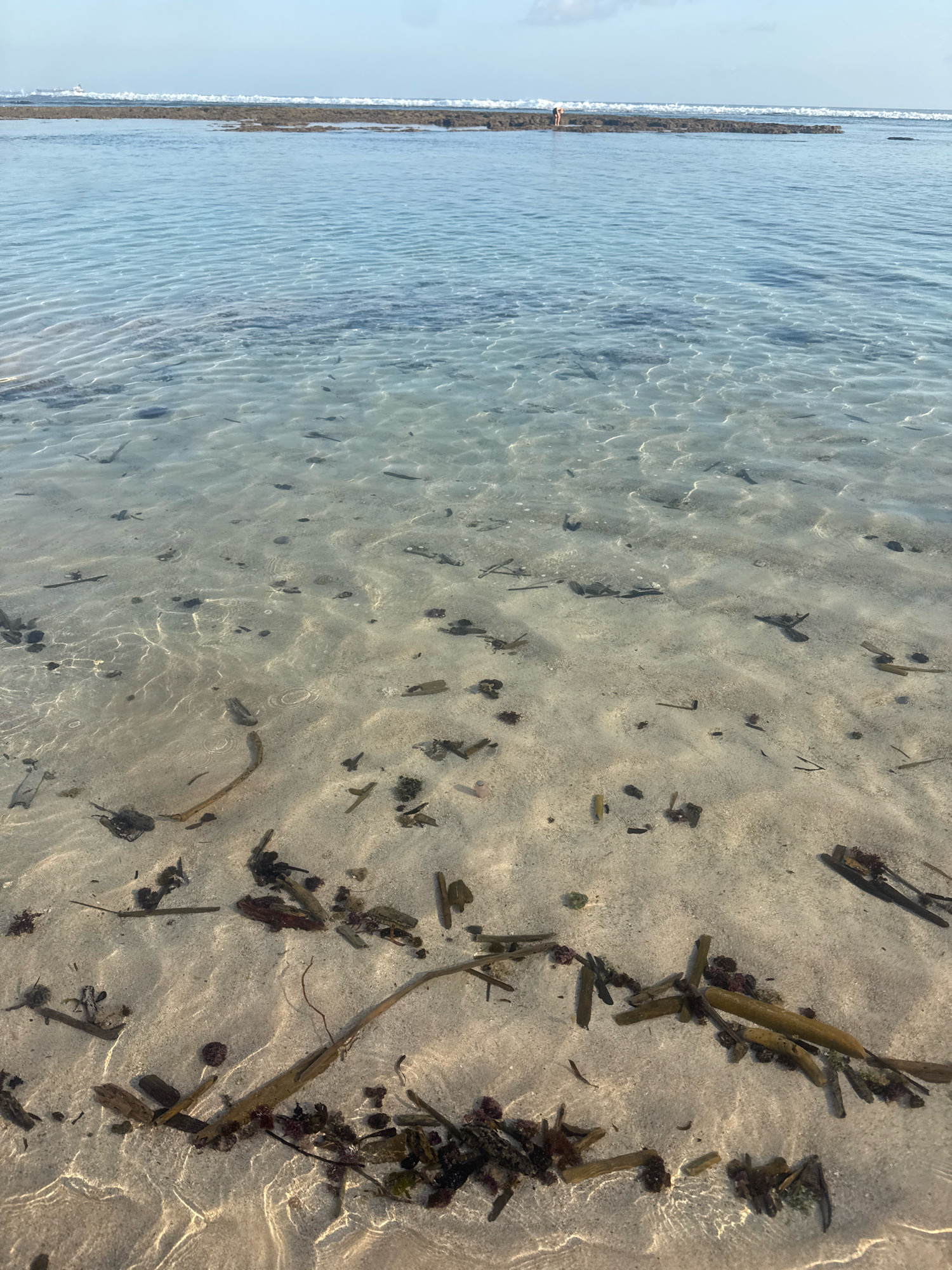 The image depicts a shallow, sandy ocean floor in the waters off the coast of Kuta Selatan, Indonesia. The water is clear, allowing visibility of the sand and scattered pieces of seaweed. Sunlight creates shimmering patterns on the sandy bottom, indicative of gentle waves. In the distance, a reef or sandbar is visible, with small waves breaking over it. A single, small figure, appearing to be a person, stands on the reef. The sky above is clear and light blue, suggesting a sunny day. The overall scene is serene and natural, showcasing the underwater environment of a tropical beach.