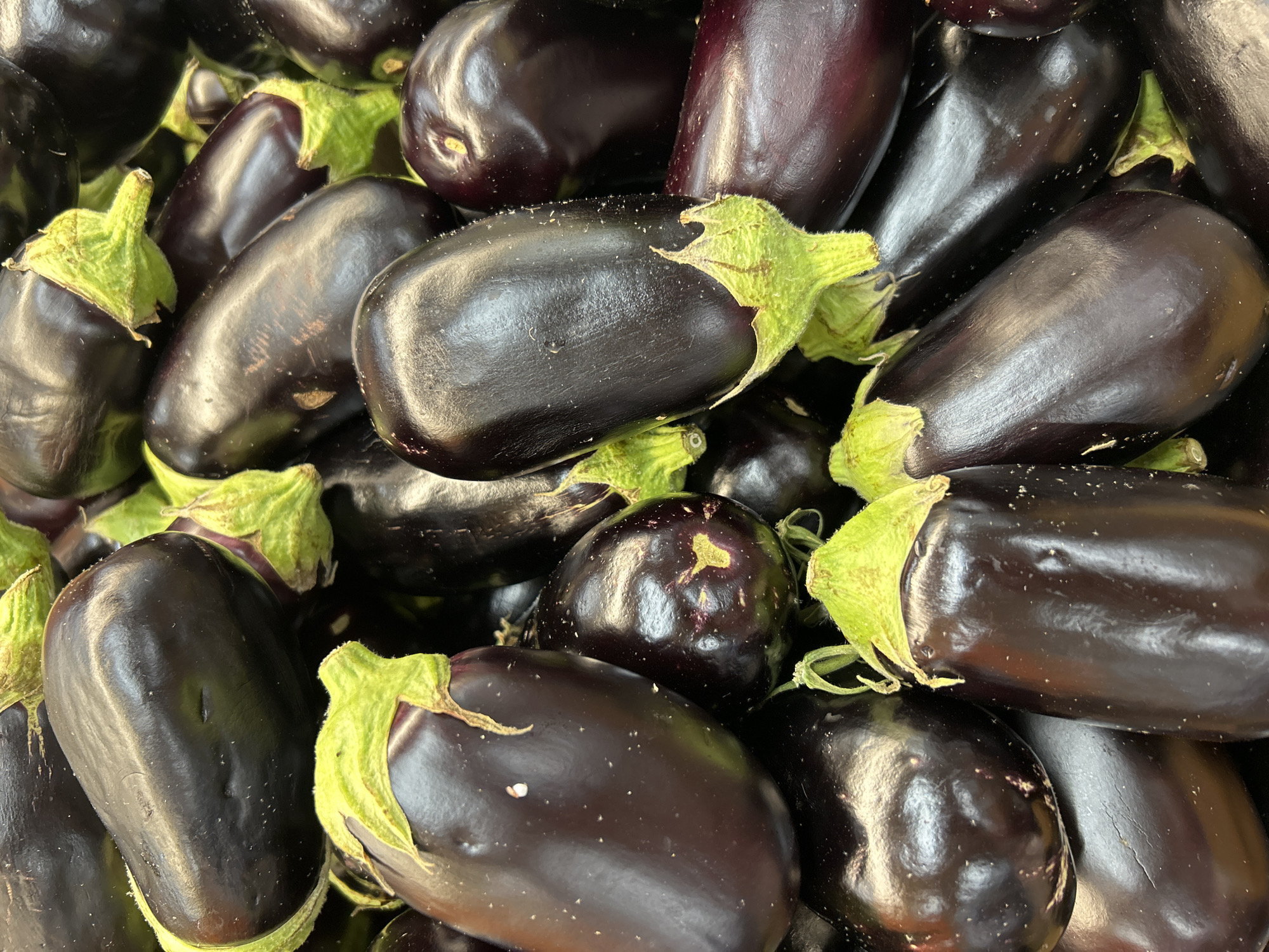 A close-up, top-down view of a pile of dark purple eggplants. The eggplants are oblong in shape, with green stems at the top. The skin of the eggplants is smooth and shiny, with some lighter purple or white speckling visible on a few of them. The lighting is bright, creating highlights and shadows on the curved surfaces of the vegetables. The scene appears to be a display of fresh produce, likely at a market or grocery store in Detmold, Germany. No people are visible in the image.