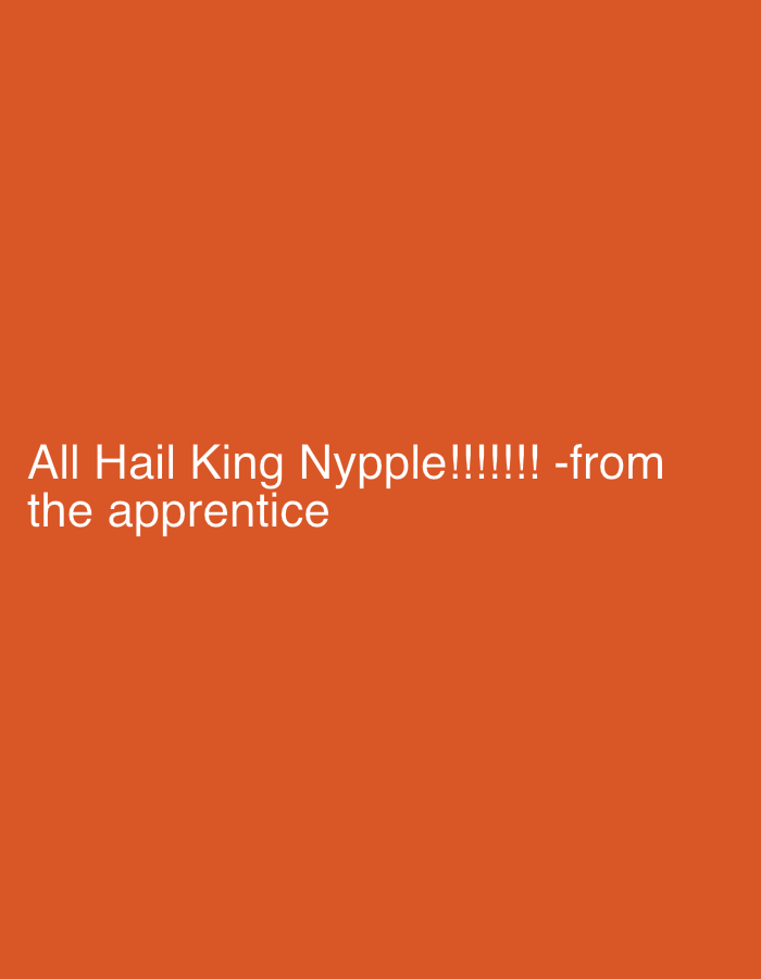 The image is a solid orange background with white text that reads: "All Hail King Nypple!!!!!!! -from the apprentice". There are no other visible elements. The location (Jos, Nigeria) is not depicted within the image.