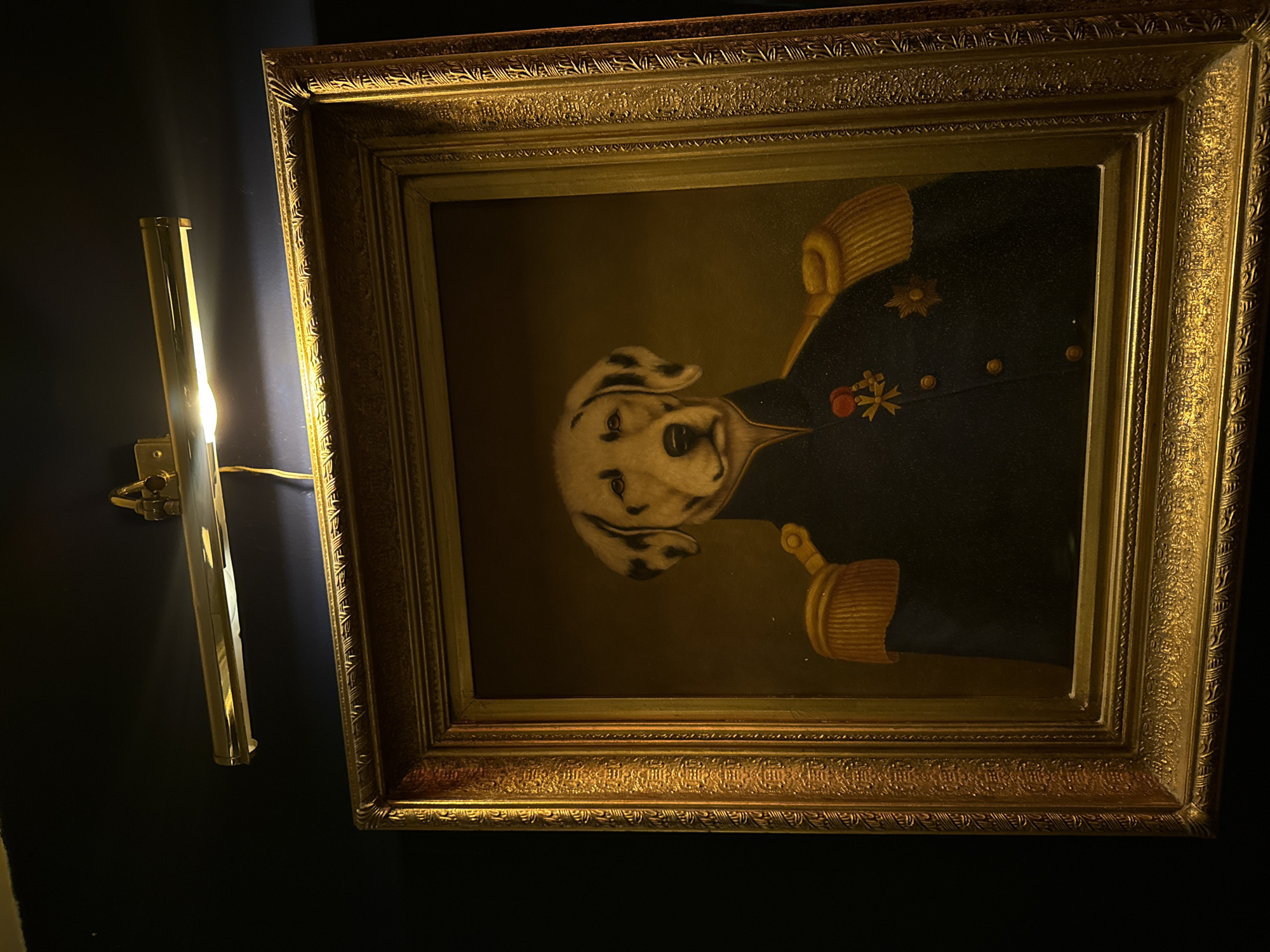 A portrait hangs on a dark wall, illuminated by a wall-mounted light fixture to its left. The portrait depicts a dog dressed in a formal military uniform, complete with gold epaulets and various decorative medals. The portrait is encased in an ornate gold frame. While the image provides no direct geographical indicators, the style and setting might suggest a location within a historic building or establishment in a city like Barcelona, Spain.
