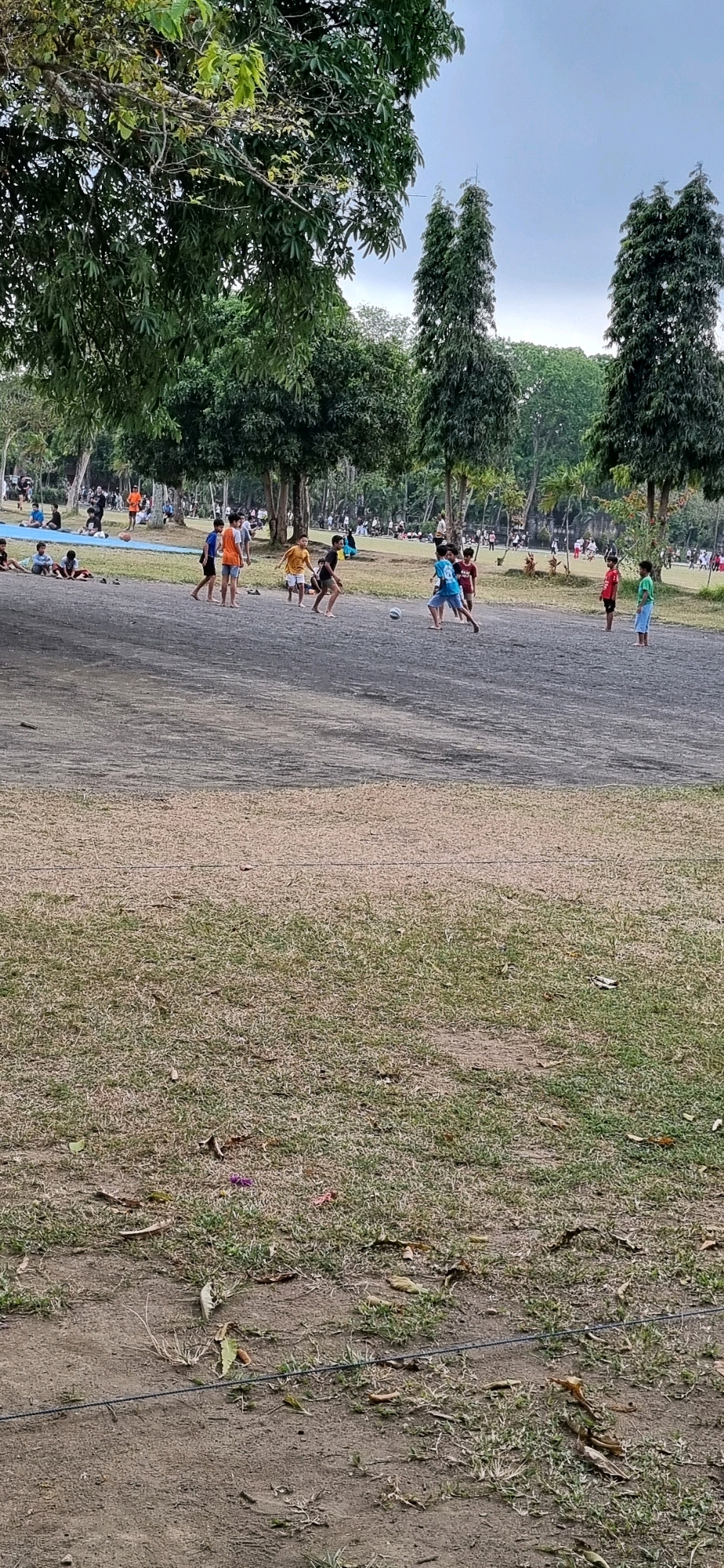The image depicts an outdoor scene in Denpasar, Indonesia, likely a park or recreational area. In the foreground, dry, sparse grass covers the ground, transitioning to a darker, gravelly surface. Several children are actively engaged in playing soccer in the middle ground. One child in a blue shirt is in the process of kicking a soccer ball, while other children in various colored shirts are positioned around the playing area, some observing and others participating. In the background, more people are scattered across a grassy area, some sitting and others standing. Tall, slender trees with dense foliage dominate the background, interspersed with other trees and greenery. The sky above is overcast. The overall impression is of a community gathering with children engaged in outdoor sports.