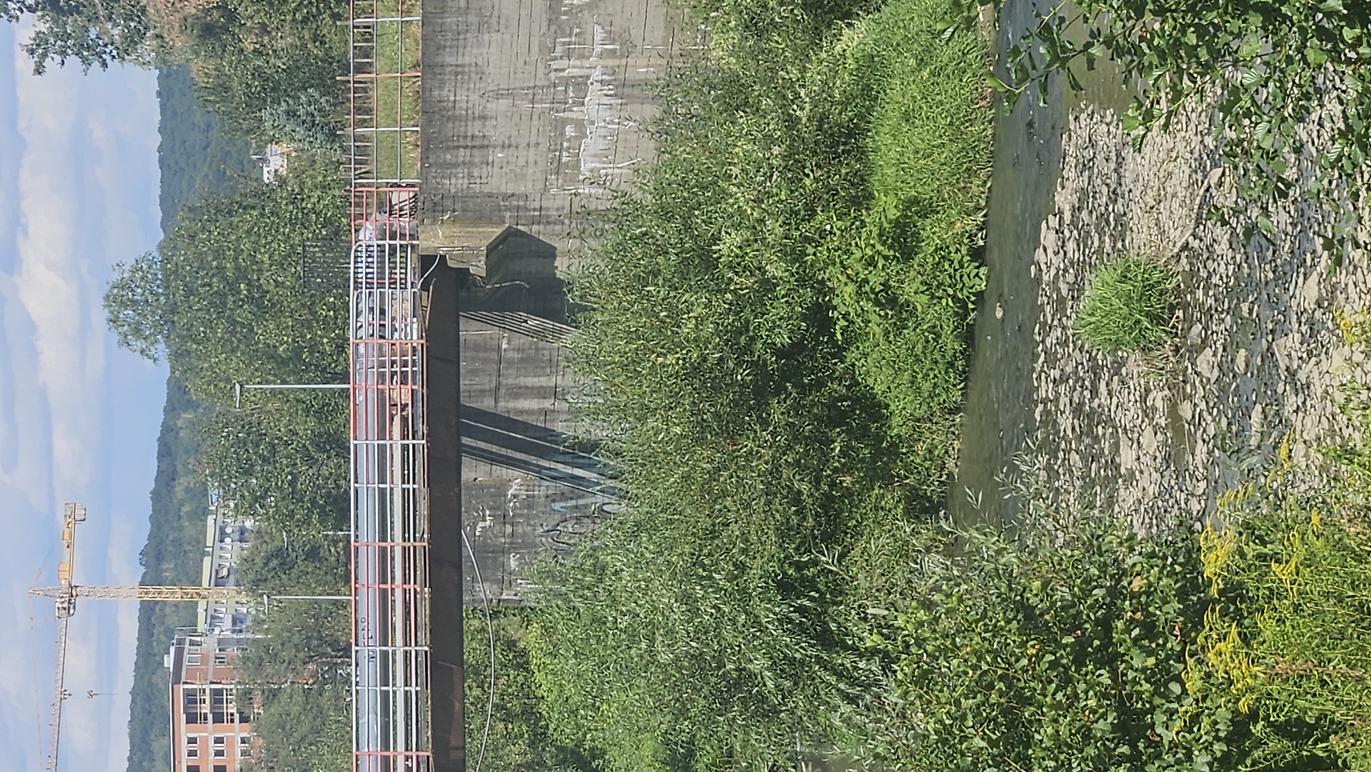 An elevated view captures a construction crane and apartment buildings in the distance, set against a backdrop of lush green hills and a partly cloudy sky. In the foreground, a concrete bridge with a metal railing spans across the frame. The bridge's concrete support wall is adorned with graffiti. Below the bridge, a river flows, its bed strewn with numerous rocks and patches of vegetation. Dense green foliage lines the riverbanks, with some yellow wildflowers adding a touch of color to the scene. The overall environment suggests an urban area undergoing development, adjacent to a natural waterway. The perspective implies the image was taken from a higher vantage point, possibly another bridge or elevated area.