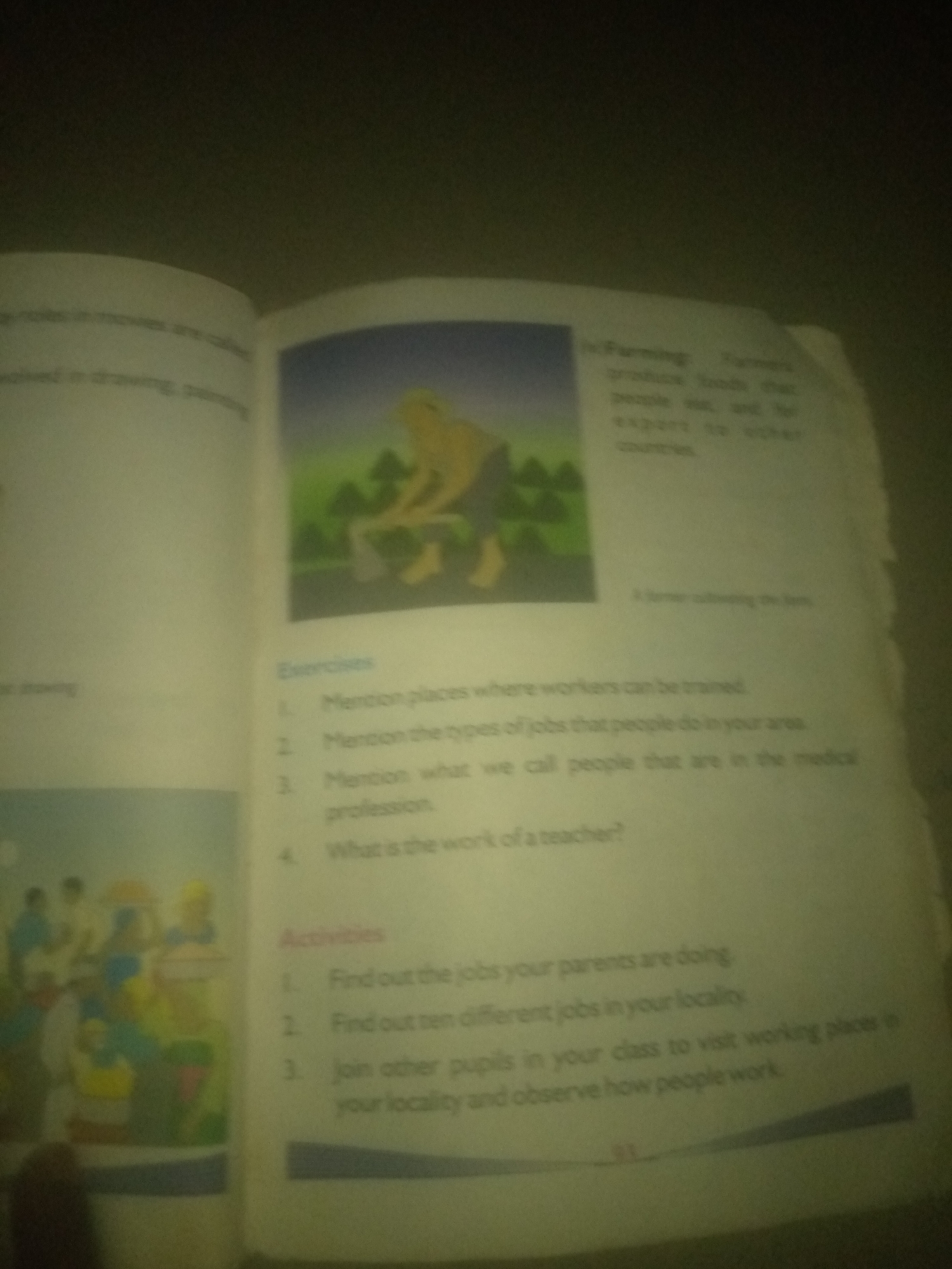 The image shows an open book. The left page contains text and an illustration of people with umbrellas. The right page contains text and an illustration of a farmer working in a field. The text on the right page discusses farming and lists exercises and activities related to jobs. There is no information about the city of Jauro Yinu, Nigeria in the image.