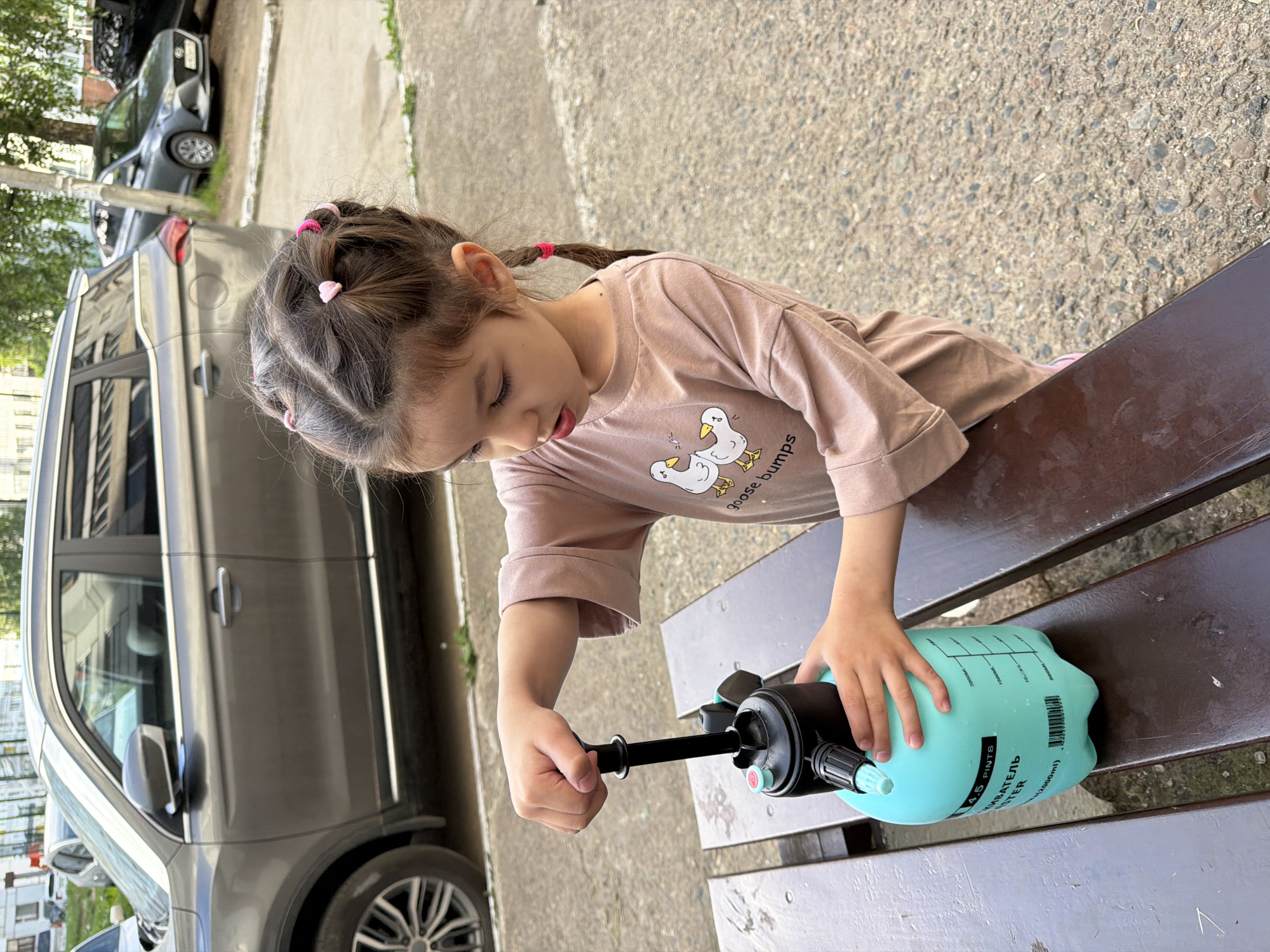 A young girl with dark brown hair, styled in braided pigtails with pink hair ties, is depicted outdoors, intently focused on a turquoise plastic sprayer bottle. She is wearing a light brown t-shirt adorned with a graphic of two ducks and the partially visible text "goose bumps". The girl is actively operating the black pump handle of the sprayer, which is resting on a dark brown slatted wooden bench.
The sprayer bottle features measurement markings and visible text including "4.5 PINTS", a Cyrillic word, likely "ОПРЫСКИВАТЕЛЬ" (sprayer), and "(2000ml)".
The setting appears to be an urban or suburban outdoor area, potentially a street or sidewalk in Chaikovsky, Russia, with a paved surface. In the background, a grey SUV and other vehicles are parked alongside a curb. Distant trees and buildings are also visible, hinting at a populated environment. The scene is brightly illuminated, indicating daytime on a clear day. The girl's expression suggests concentration and engagement in her activity.
