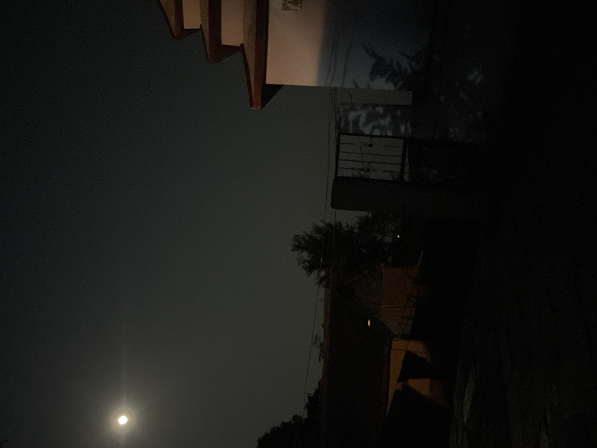 The image captures a dark night scene, likely in Haini, India, illuminated primarily by a bright moon. On the far left, a luminous, circular moon stands out against the expanse of the dark, clear sky, acting as the main light source. The sky appears mostly cloudless and featureless.
Towards the right side of the frame, parts of a building or structure are visible. A stepped or angled roofline, in earthy brown and beige tones, extends from the top edge. Below it, a section of a lighter-colored wall is visible, upon which dark, irregular shadows, indicative of tree branches, are cast. Beneath this wall, a dark, metal gate or railing with a discernible pattern adds another structural element. Further right and extending into the mid-ground, dense, dark foliage from trees fills a significant portion of the scene, appearing as silhouettes against the slightly brighter sky and building. Faint wires can be seen near the structure and trees.
The time of day is clearly night, characterized by the low light and the prominent moon. There are no people visible, and no specific activities are taking place. The overall mood is quiet and still, with details largely obscured by shadow. No visible text is present in the image.