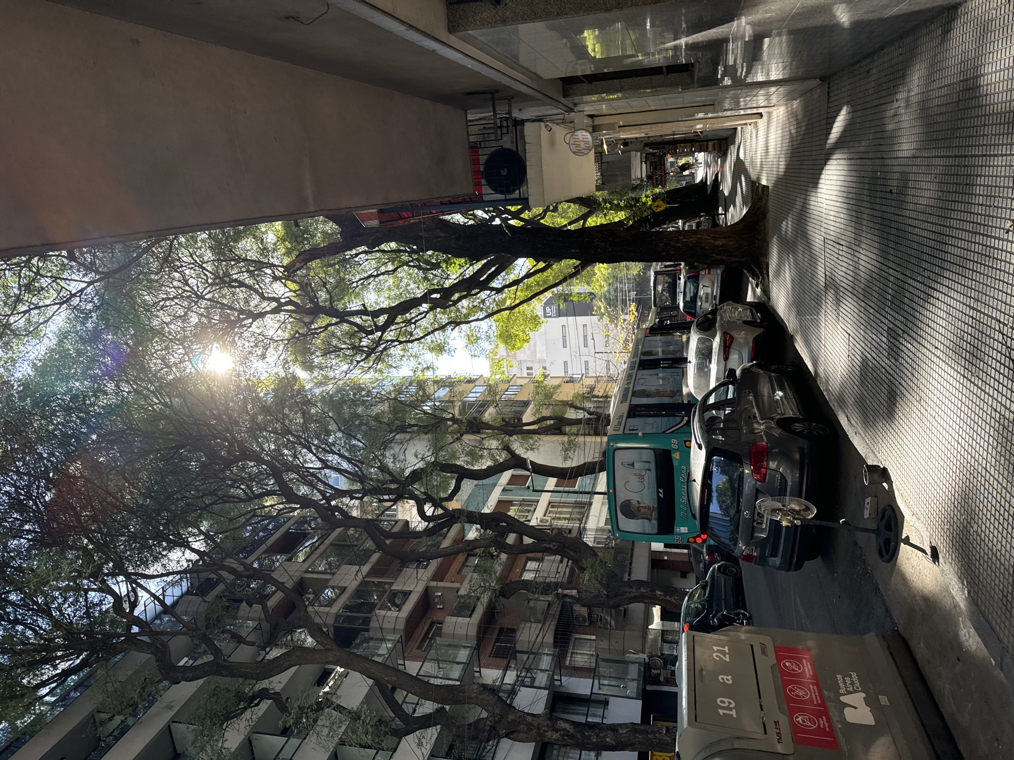 The scene depicts a city street in Buenos Aires, Argentina, lined with buildings, trees, and parked vehicles. The view is looking down the street with a bus and several cars parked on the right-hand side. On the far right, there is a waste bin, with a label with the hours between 19 and 21. A sign on the bus reads “M.O. Saenz Pena.” The sun is shining through the trees, creating lens flare.