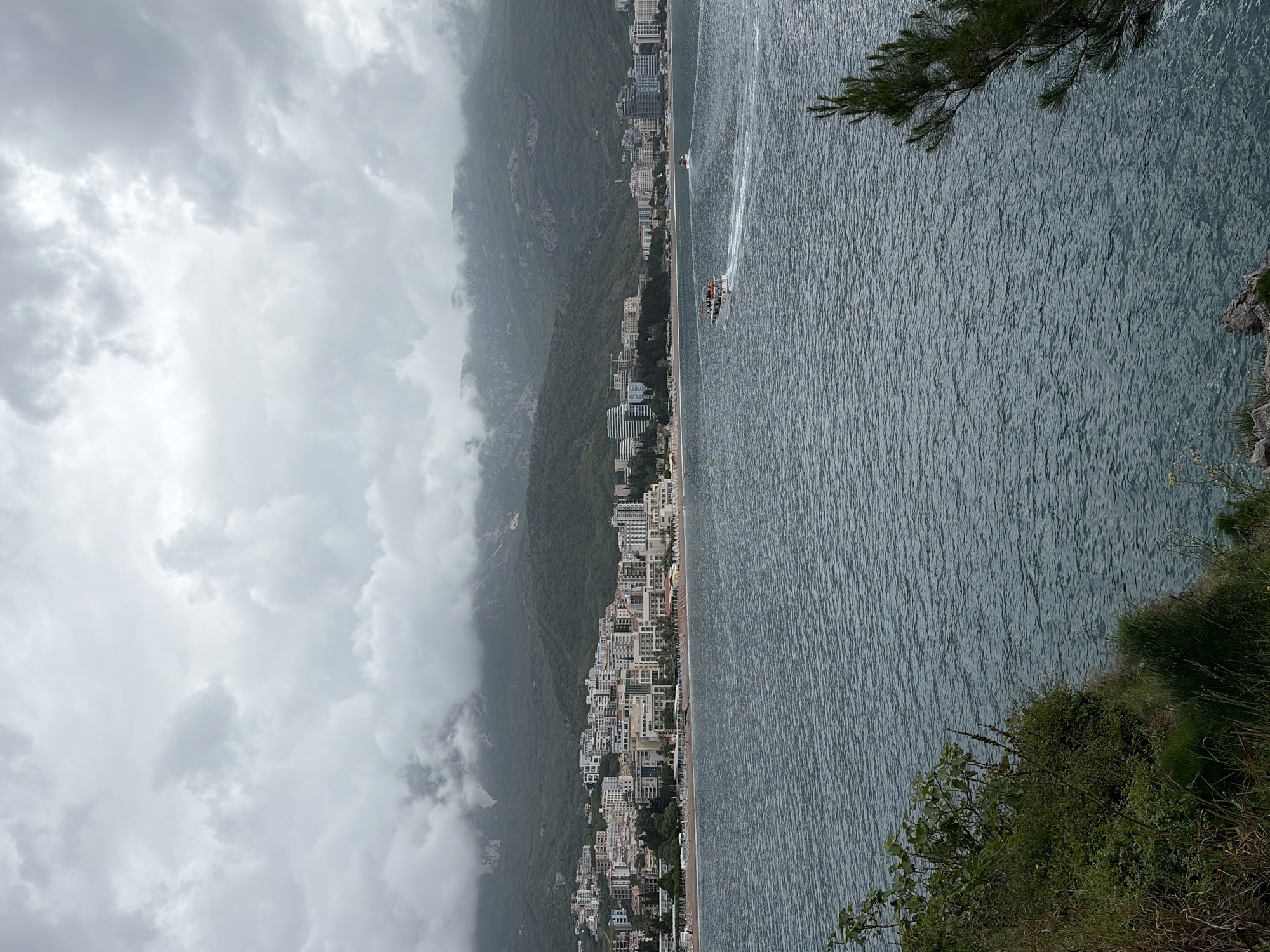 The image shows a coastal view of Budva, Montenegro on an overcast day. The Adriatic Sea occupies the right half of the image, with a dark, textured surface. A coastal city stretches along the shoreline at the base of the tall, steep, rocky mountains, obscured by low-lying clouds. Buildings are concentrated along the beach. There are a couple of small boats in the water. A view from the edge of a cliff with plants, including a pine tree.