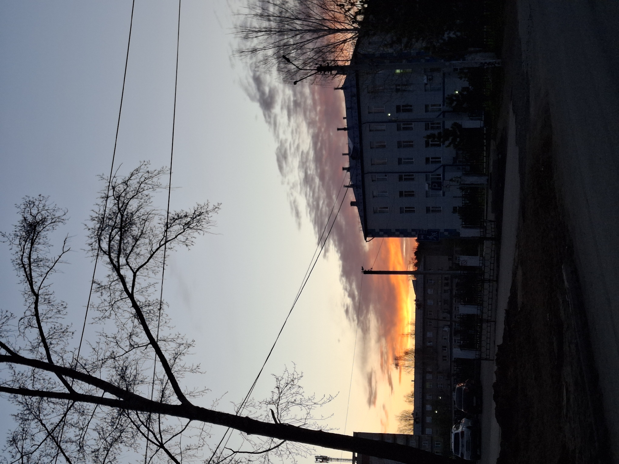 The image depicts a view in the city of Chaikovsky, Russia, at dusk or dawn. A multi-story building is on the right side of the image, a street is in front of it. Silhouetted tree branches are visible on the left side, and electrical wires run across the sky. The sky is a blend of colors, transitioning from orange and yellow near the horizon to lighter grey and blue. Silhouetted buildings are on the horizon.