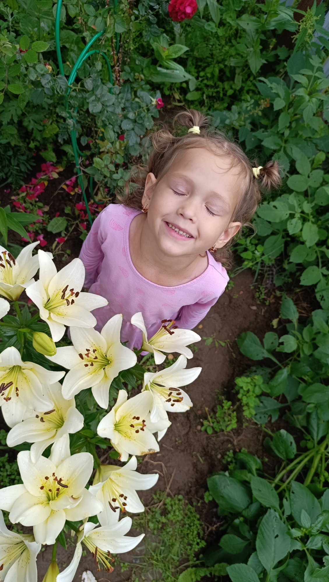 A young Caucasian girl with blonde hair pulled into two pigtails and wearing a pink long-sleeved shirt smiles with her eyes closed while standing in a garden. White lilies are in the foreground of the image, and green foliage surrounds the girl. There is no indication of the location being the city of Karsha, Russia.