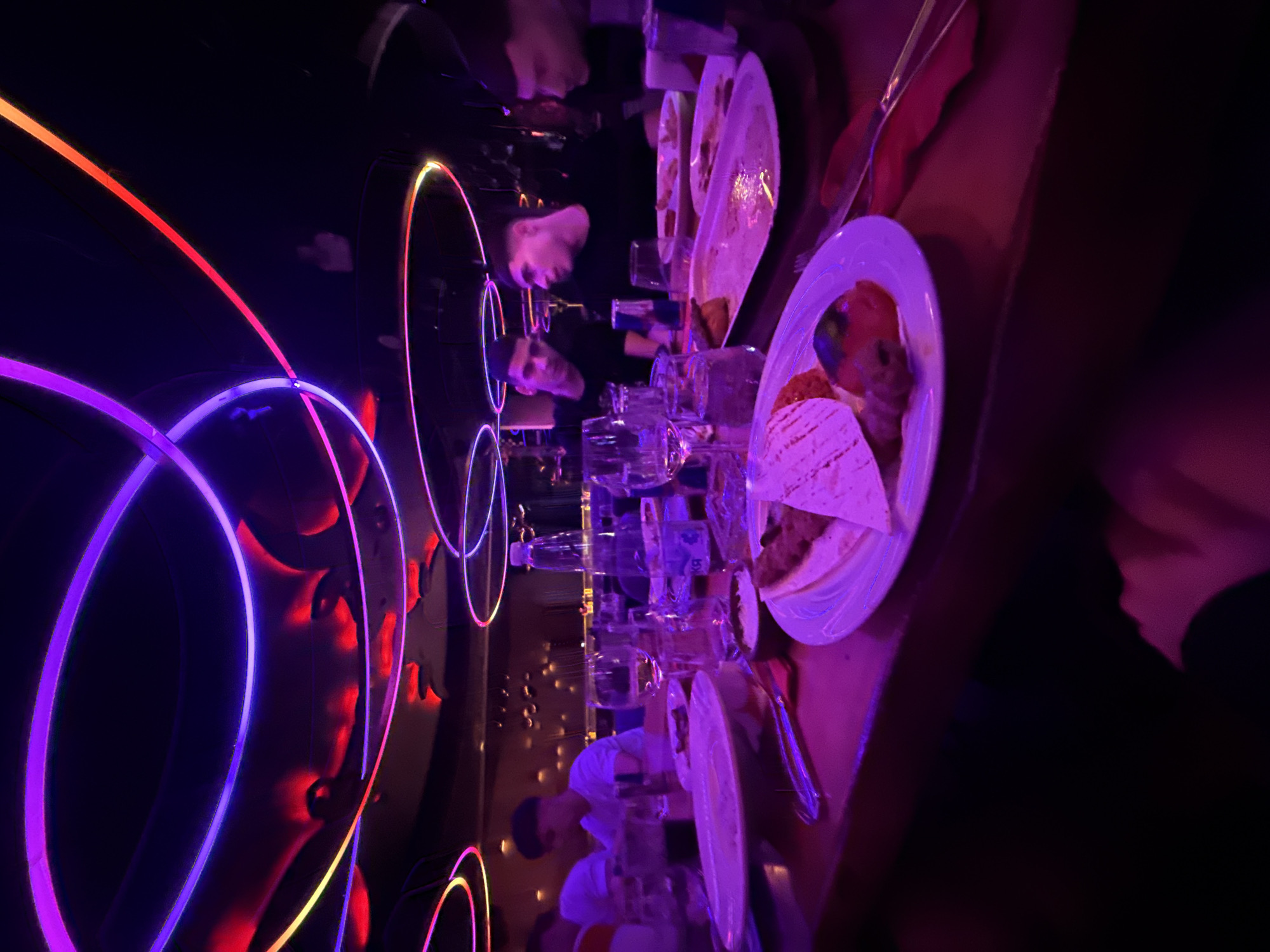 In Sofia, Bulgaria, a group of young men is seated around a table in a dimly lit restaurant or club, bathed in the neon glow of purple and red circular lights hanging from the ceiling. The atmosphere is vibrant and modern, indicated by the sleek interior design and the colorful lighting. The table is set with white plates holding food, cutlery, and glasses, suggesting they are mid-meal. Some of the men are engaged in conversation, while others appear to be observing their surroundings. The image captures a social gathering, likely a dinner or outing, where the patrons are enjoying their evening in a contemporary urban setting.