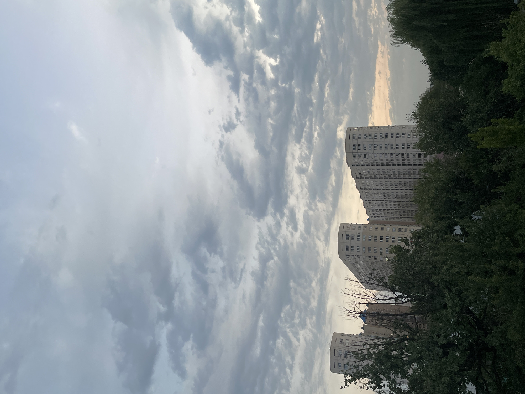 This is an outdoor, eye-level, wide-angle shot of a cityscape at dusk in Almaty, Kazakhstan. The sky is filled with dramatic, grey clouds, with hints of a pale orange sunset visible in the far distance. In the foreground, a dense canopy of dark green trees obscures the lower portion of the image. Behind the trees, several tall, apartment buildings are visible. The buildings are predominantly light-colored and have a repetitive pattern of windows. The building on the far left has a curved facade, as does the building to its right. The building in the center is taller and appears to have a more angular design. The building on the far right is also tall and appears to have a flat facade. The scene is devoid of people or any visible activity, creating a quiet and somewhat imposing atmosphere.