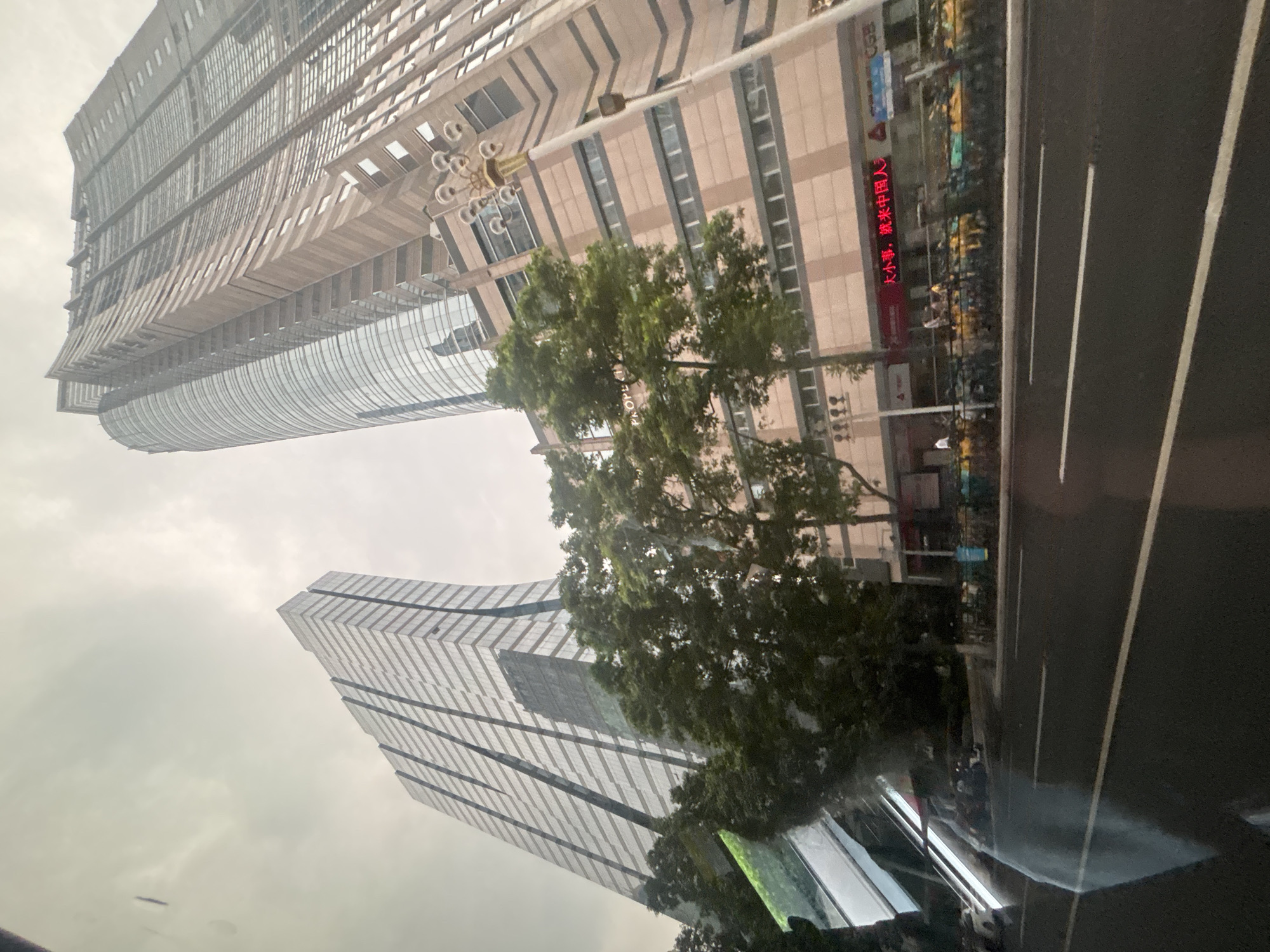 The image shows a street view in Yuexiu District, China, featuring two prominent modern skyscrapers against an overcast sky. The building on the left is characterized by its sleek, glass facade with a grid pattern of dark lines, while the building on the right has a more complex design with sections of light-colored stone and curved glass elements. Trees with dense green foliage are interspersed between the buildings and in the foreground, obscuring parts of the lower floors of the structures. A street with lane markings is visible in the foreground, with what appears to be parked bicycles or scooters lined up along the sidewalk. A streetlamp with multiple bulbs is positioned near the right skyscraper. A red neon sign with Chinese characters is visible on the lower part of the right building. The overall impression is an urban environment with significant architectural development.