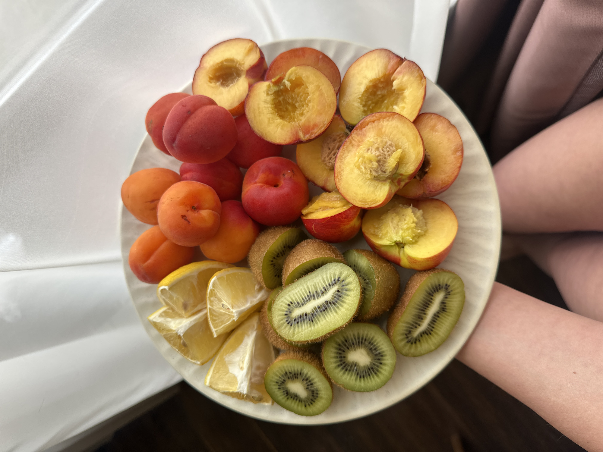 A round, white plate filled with assorted fruits is held in a person's hand. The fruits include sliced peaches, red plums, apricots, lemon wedges, and sliced kiwis. The background includes a white cloth and part of the person's leg. It is not possible to determine the location as Chaikovsky, Russia from the given image.