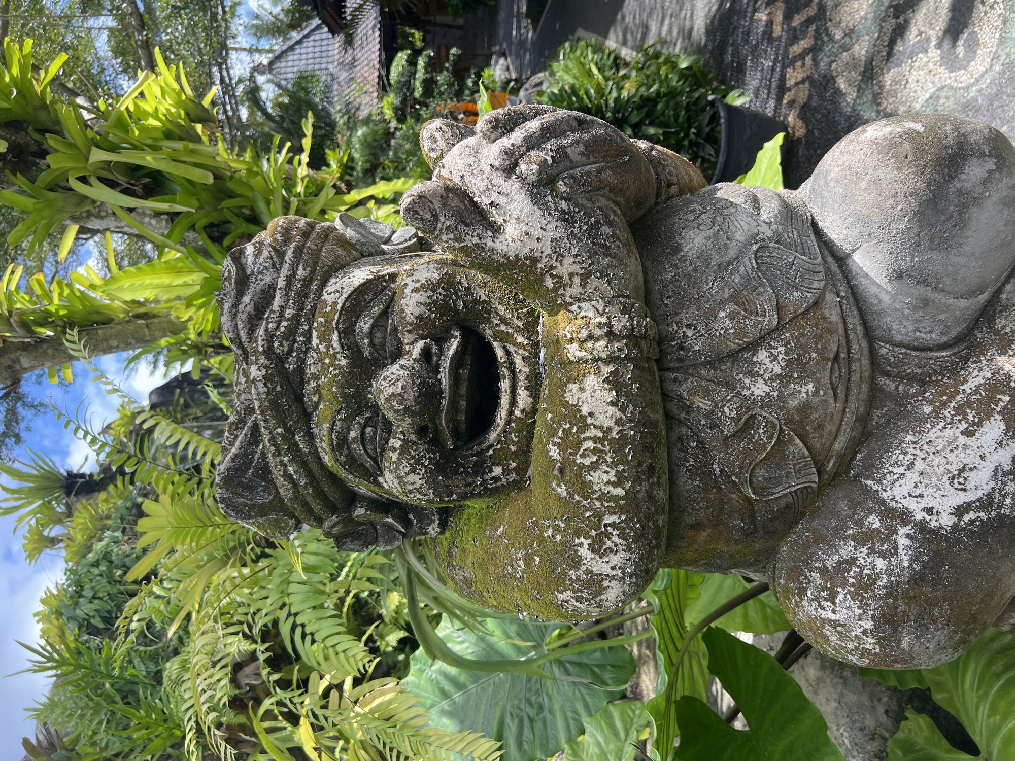 A stone statue of a grotesque figure lies on its side amidst lush greenery in the Ubud District of Indonesia. The statue, weathered and covered in moss and lichen, has a wide, gaping mouth and a hand pressed against its face. The surrounding environment includes various types of foliage, with ferns and large-leafed plants dominating the scene. The sky and building are visible in the background.