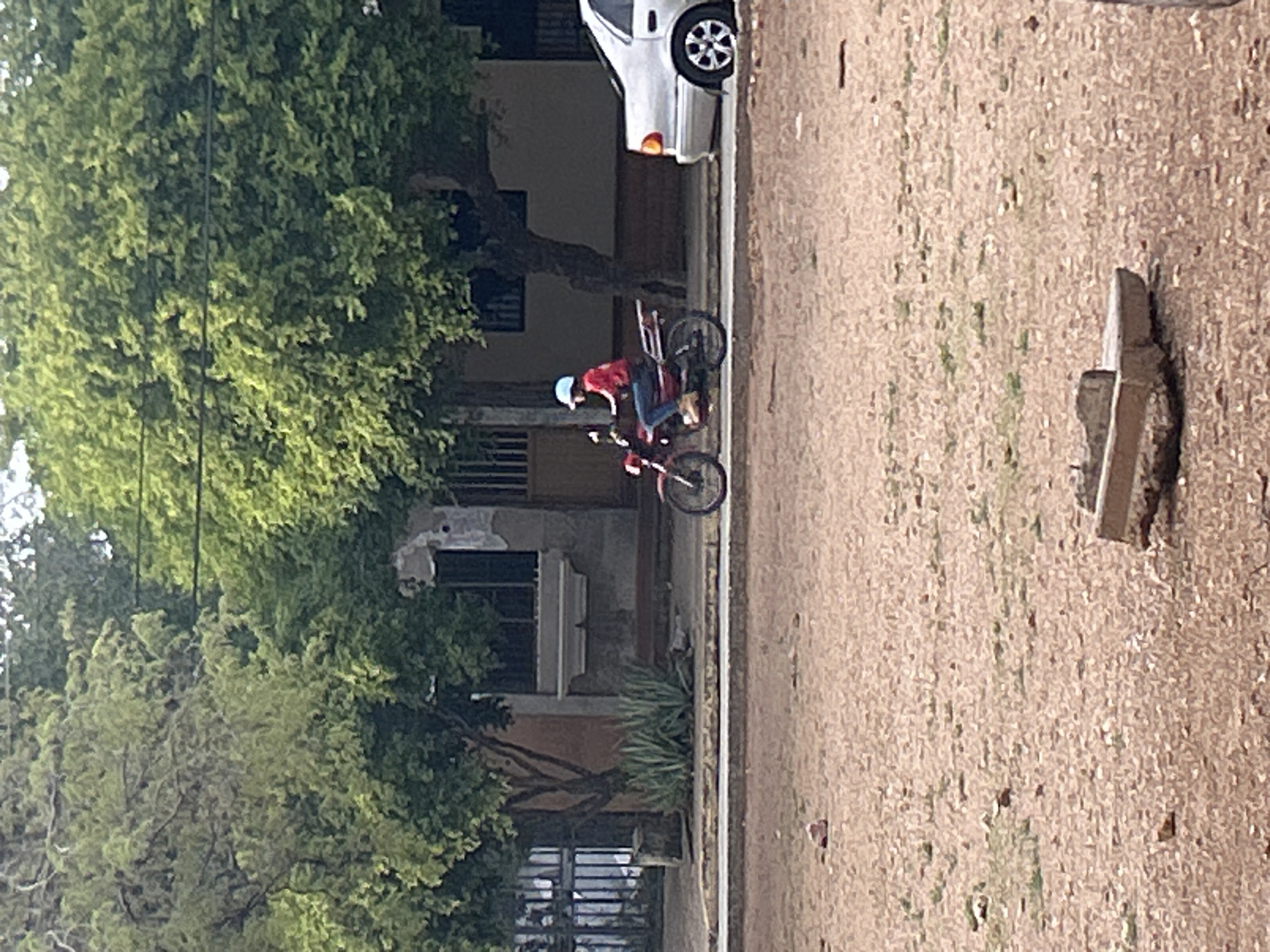 A person wearing a blue helmet and a red shirt rides a motorcycle on a paved street in Santa Ana, Venezuela. The person is facing left. The motorcycle is red and appears to be older. Behind the motorcycle, a silver sedan is parked. The street is lined with trees. In the foreground, a patch of dry, dirt ground is visible, with some scattered rocks. A small, weathered concrete object rests on the ground in the lower right portion of the image. The background shows a building with a dark entryway and a barred window.
