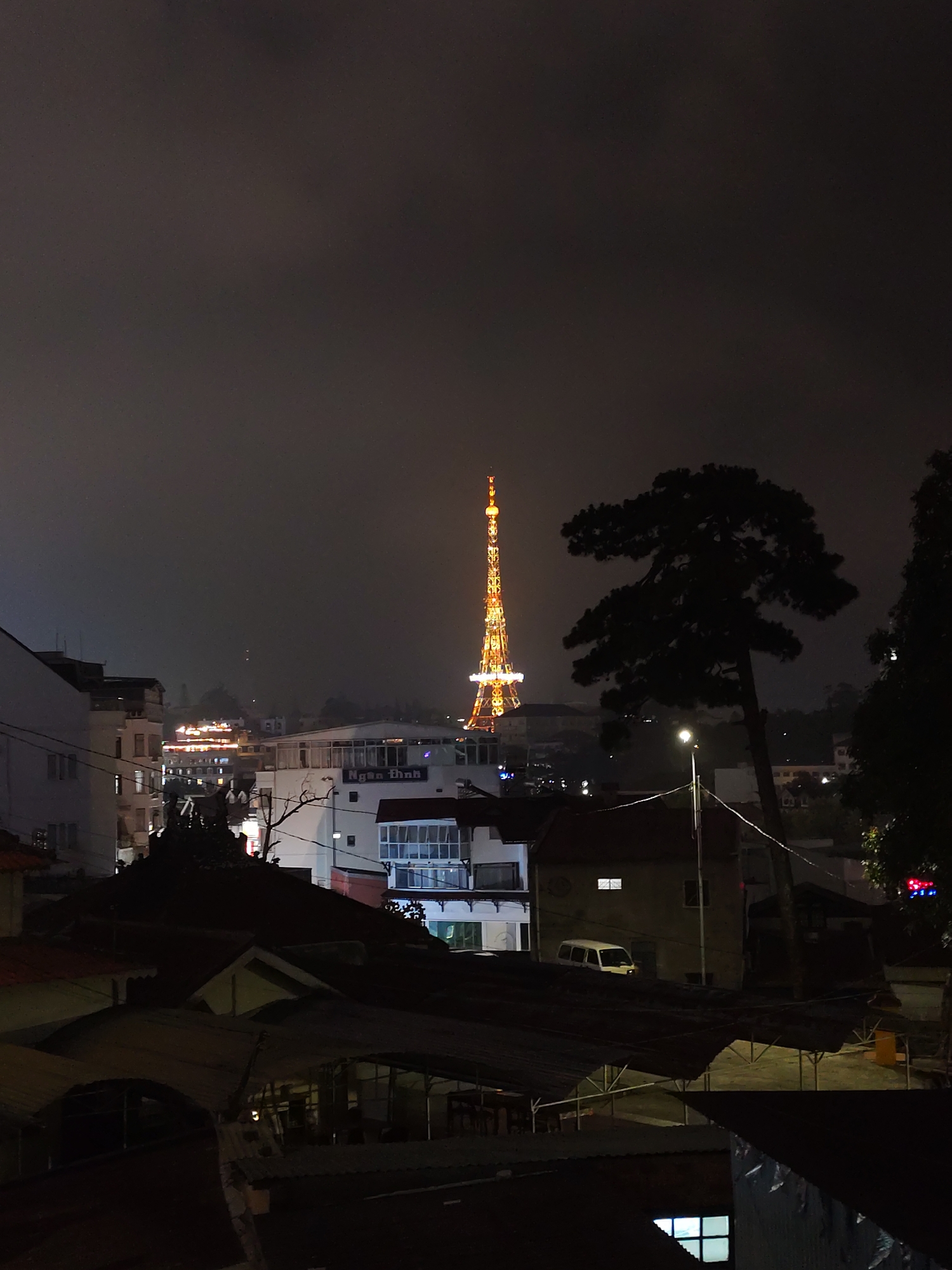 A night view of Da Lat, Vietnam features a brightly lit tower, likely the Da Lat Television Tower, standing out against the dark sky. The foreground shows rooftops of buildings, some with covered areas suggesting restaurants or cafes. A tree is positioned to the right of the tower, partially obscuring it. Streetlights are visible, illuminating the scene partially. Other buildings and businesses are scattered throughout the scene, including one with the sign "Nga Thanh." A white van is parked near one of the buildings. The sky is dark and possibly foggy.