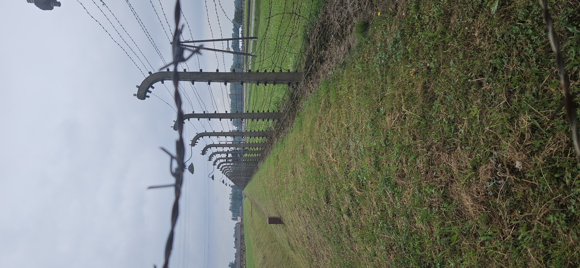 The image shows a view of the Auschwitz-Birkenau concentration camp in Brzezinka, Poland. A line of concrete fence posts with barbed wire stretches across the frame, receding into the distance. The posts are topped with insulators for the wire, and some have lights attached. The ground is covered with grass and some dirt. In the background, several brick buildings are visible, along with some trees and a cloudy sky. The overall scene depicts a stark and desolate environment.