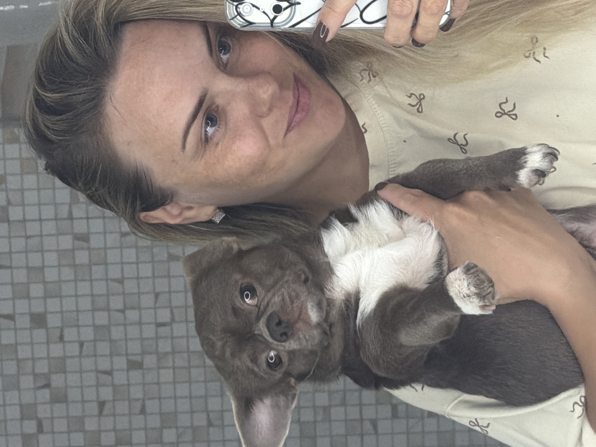 The media file shows a woman taking a selfie with her dog. The woman has blonde hair and is wearing a light-colored shirt with a pattern of small bows. She is smiling and looking at the camera, with her arm around her dog. The dog is small and appears to be a mix of breeds, with gray and white fur. The dog is looking at the camera with its head tilted.
The background of the image is a tiled wall, suggesting an indoor setting. The lighting appears to be artificial, and there are no clear indications of the time of day or weather. The overall mood of the image is warm and affectionate, capturing a moment between a woman and her pet. The woman's nails are painted dark, and she is wearing a ring on her left hand. There is no visible text in the image. The location context of Votkinsk, Russia is provided but not visually evident in the image itself.